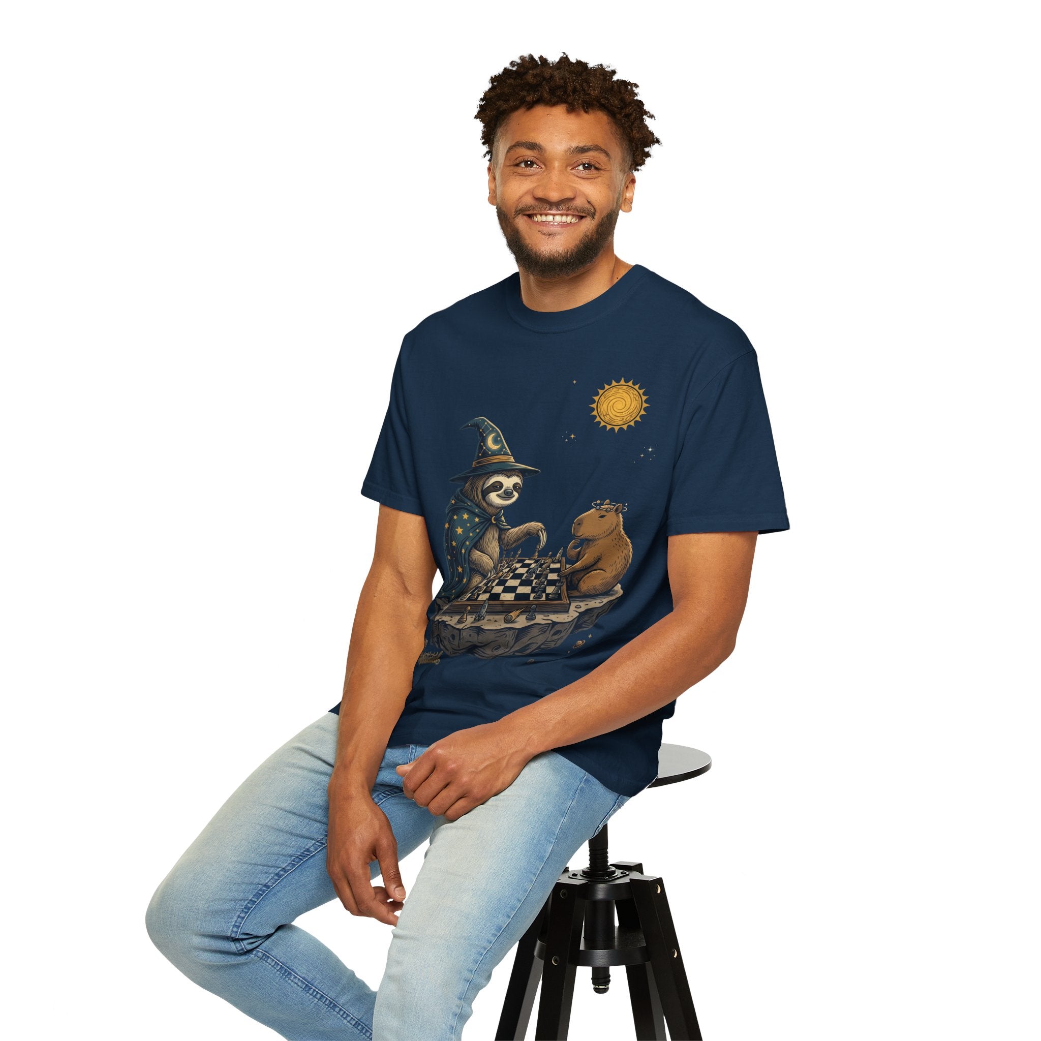 Wizard Sloth vs. Capybara Chess T-Shirt — Cute Fantasy Animal Game Tee
