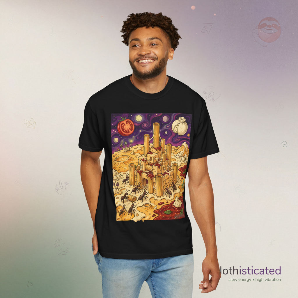 The Pasta Citadel — Funny Pasta Castle Tee · Surreal Foodie Art