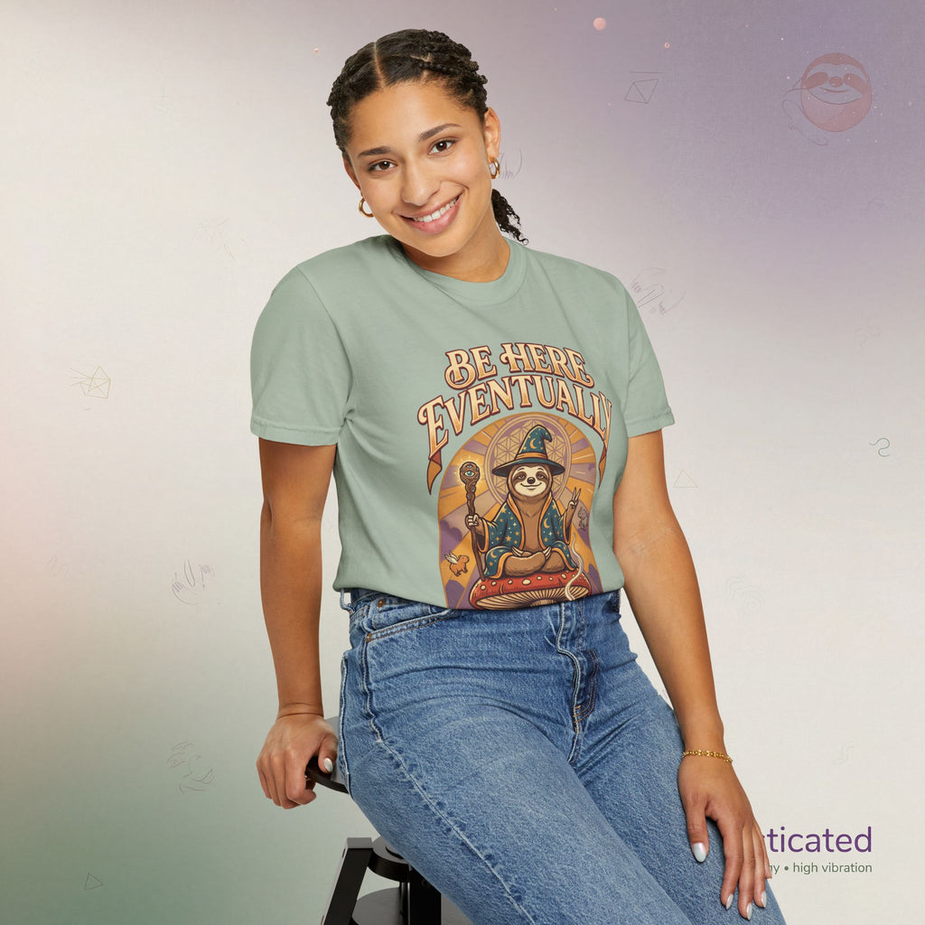 Be Here Eventually Sloth Graphic T-Shirt — Retro Meditation Tee
