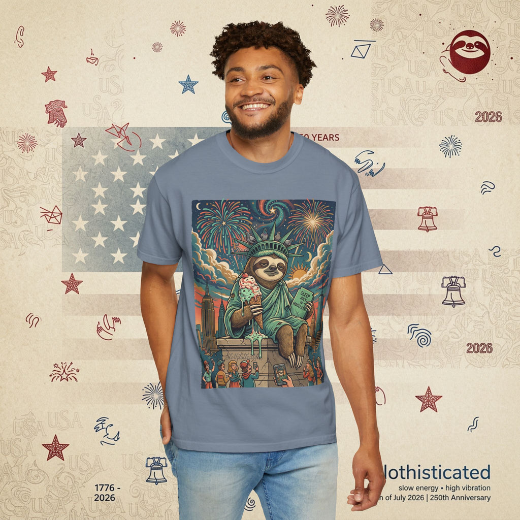 The Colossus — Liberty Sloth Statue Fireworks T-Shirt