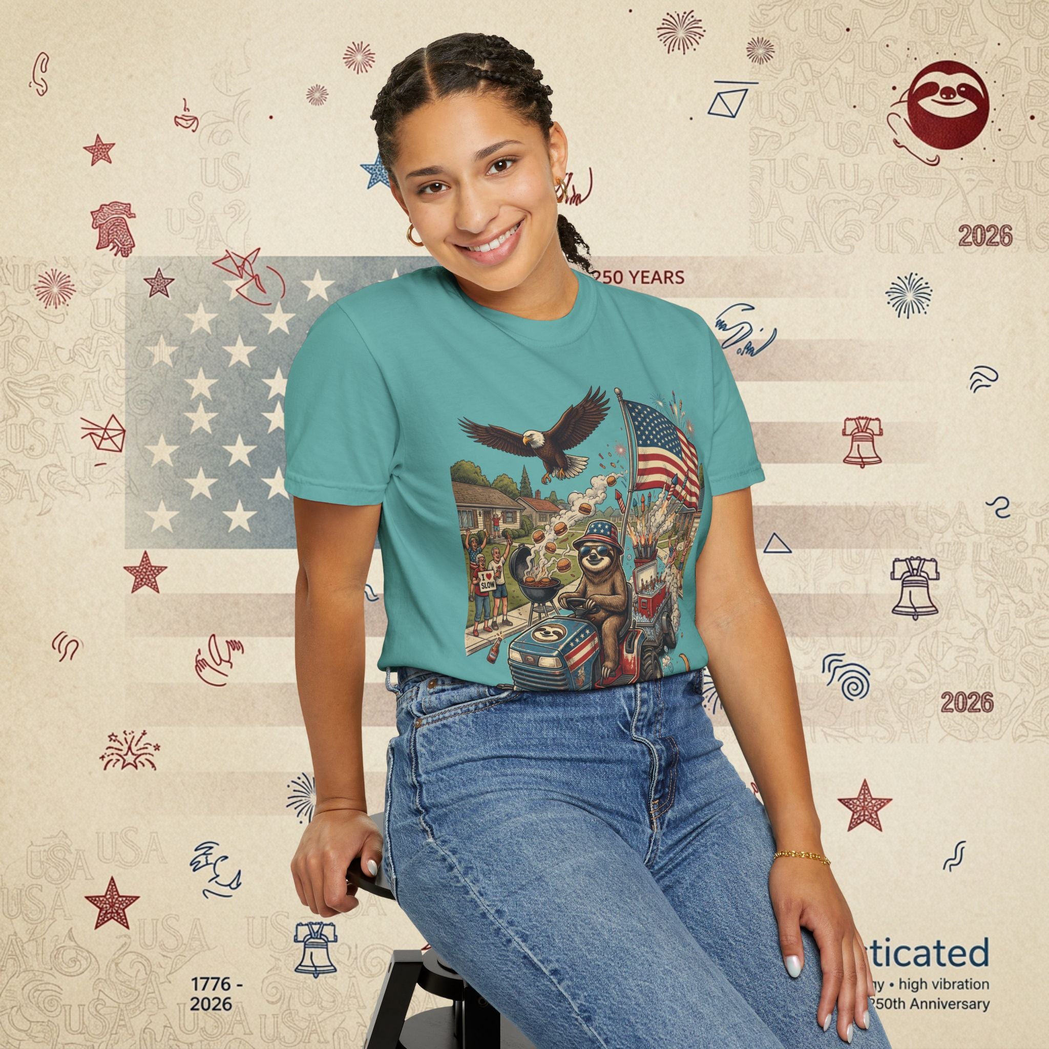 The Slow Ride — Sloth Riding Mower Americana T-Shirt