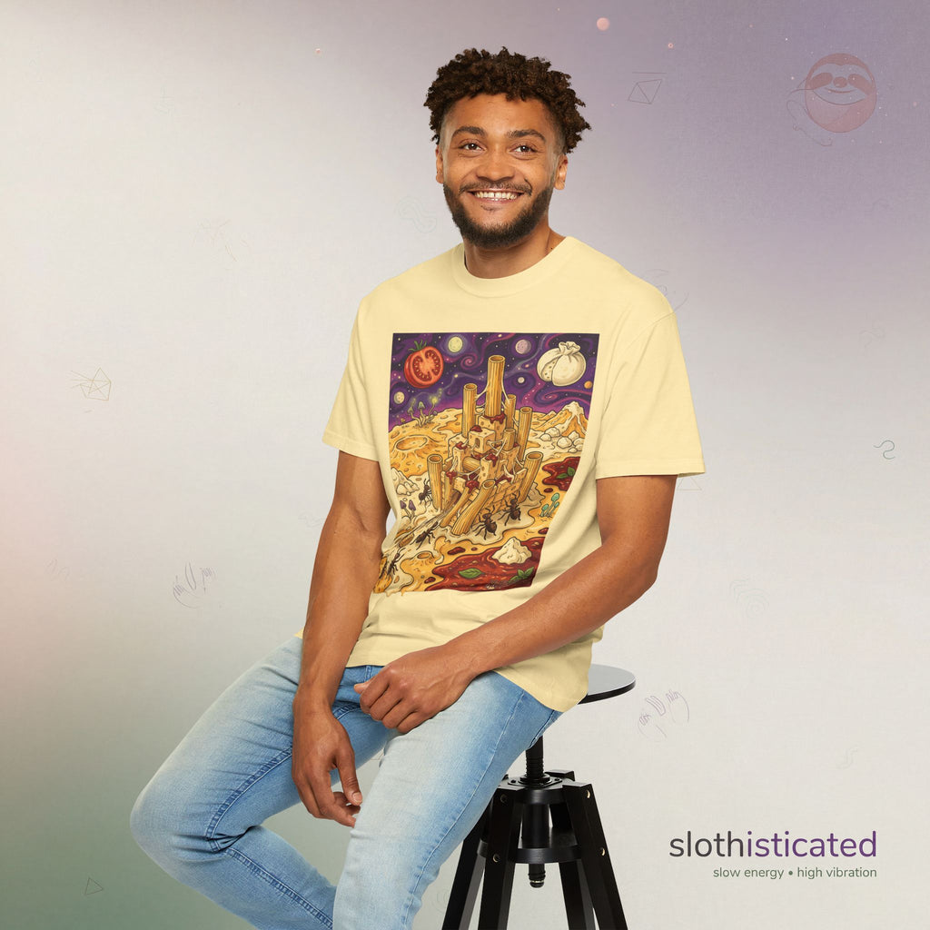 The Pasta Citadel — Funny Pasta Castle Tee · Surreal Foodie Art
