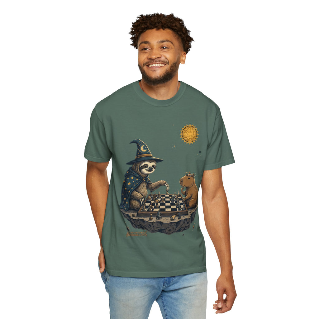 Wizard Sloth vs. Capybara Chess T-Shirt — Cute Fantasy Animal Game Tee