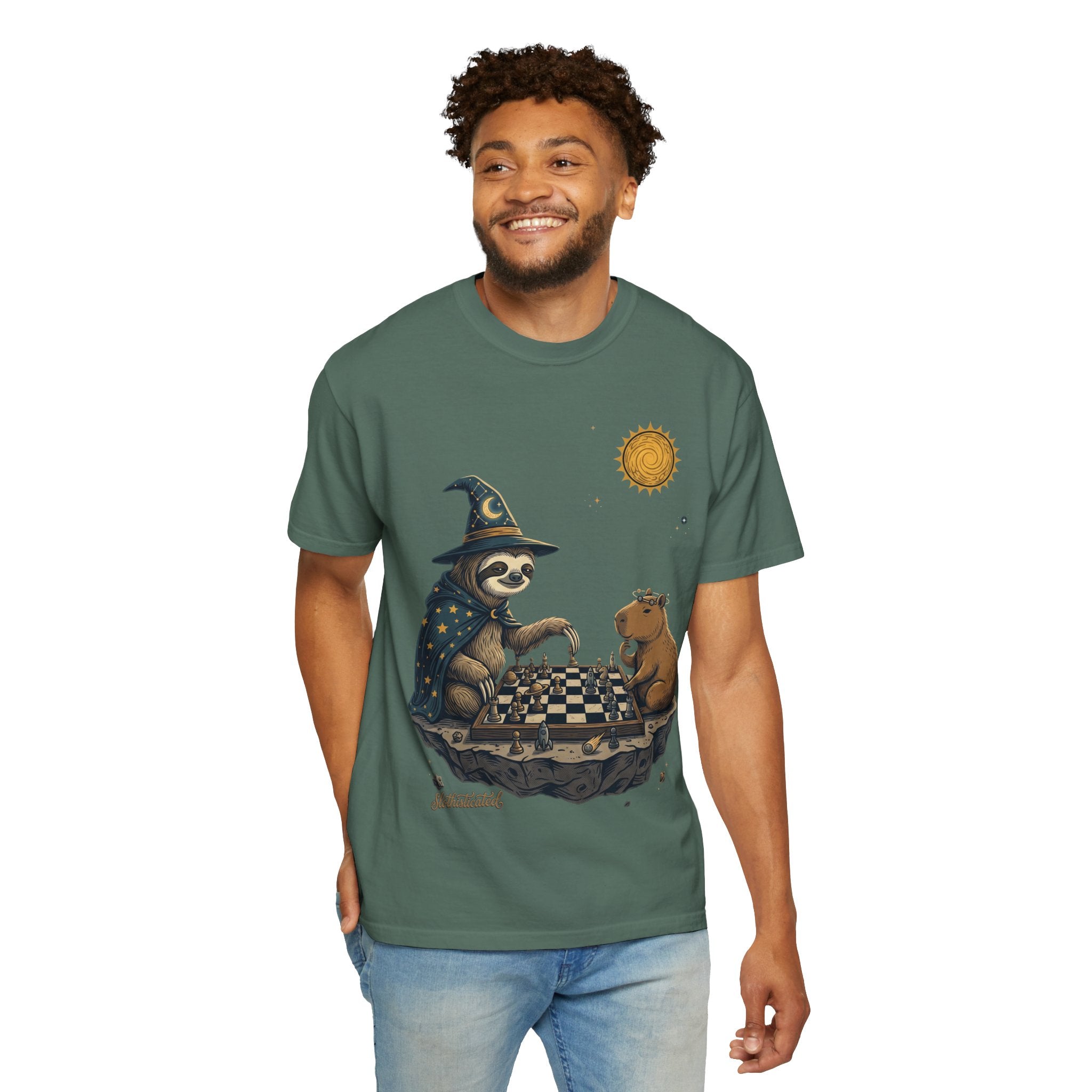 Wizard Sloth vs. Capybara Chess T-Shirt — Cute Fantasy Animal Game Tee