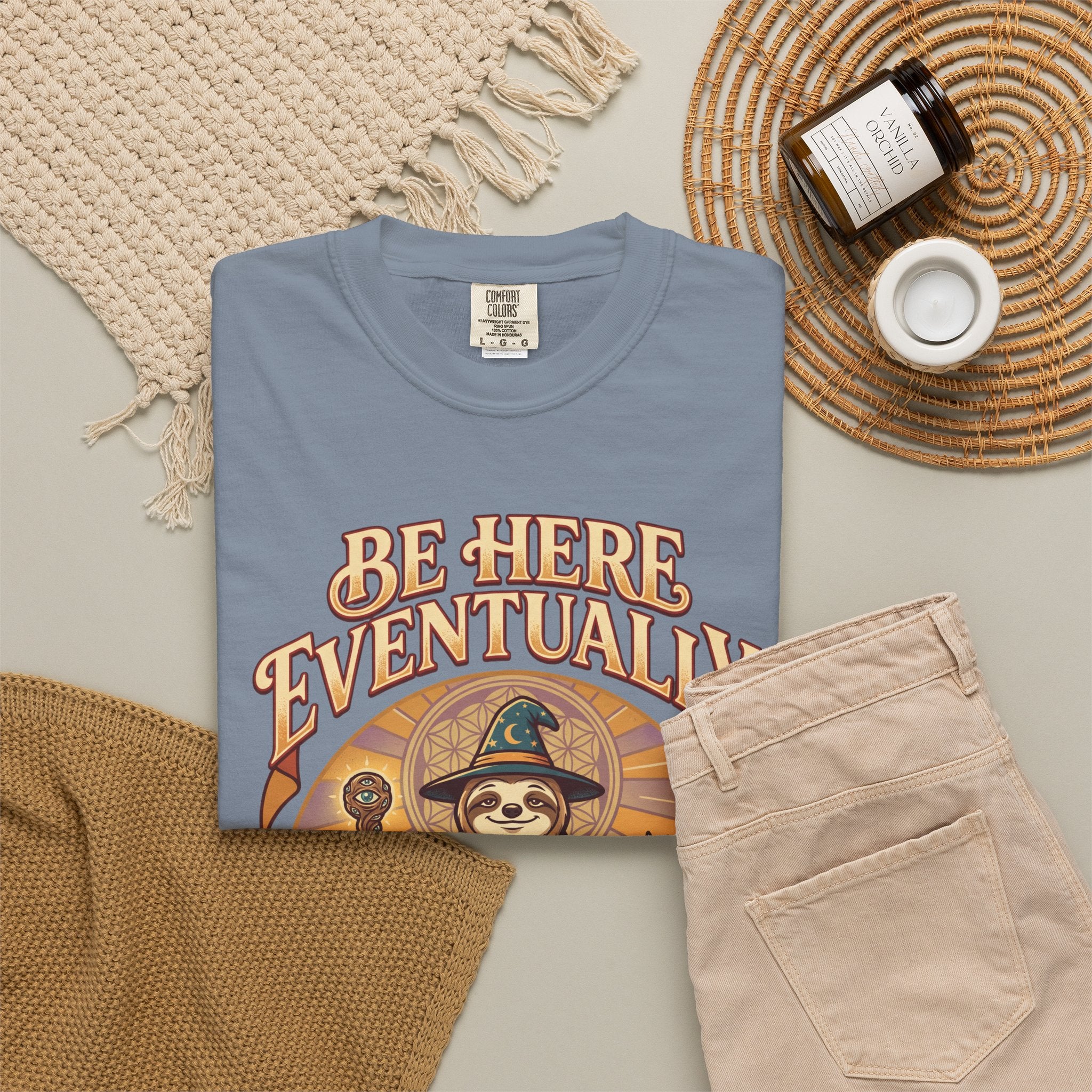 Be Here Eventually Sloth Graphic T-Shirt — Retro Meditation Tee