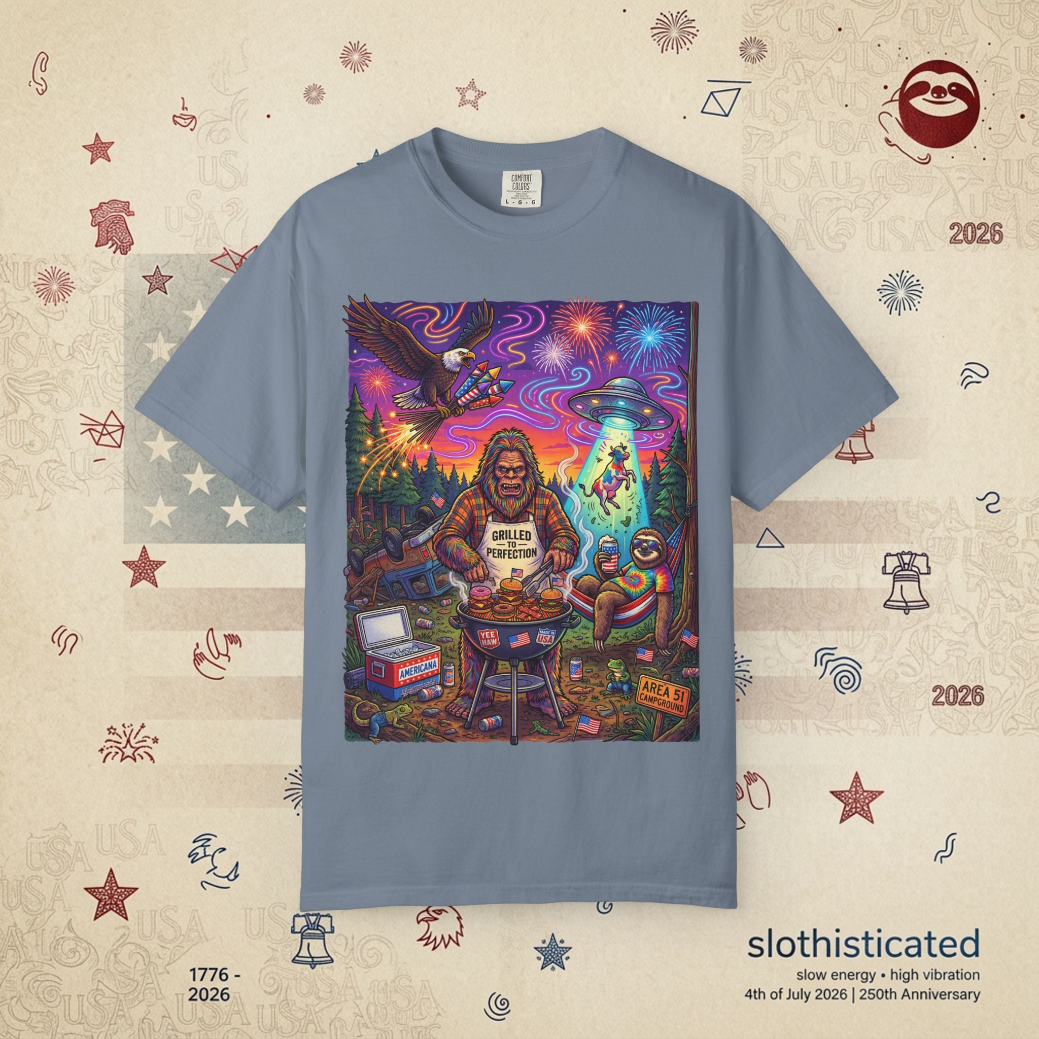 The Visitation — Psychedelic Sasquatch 4th of July BBQ UFO T-Shirt