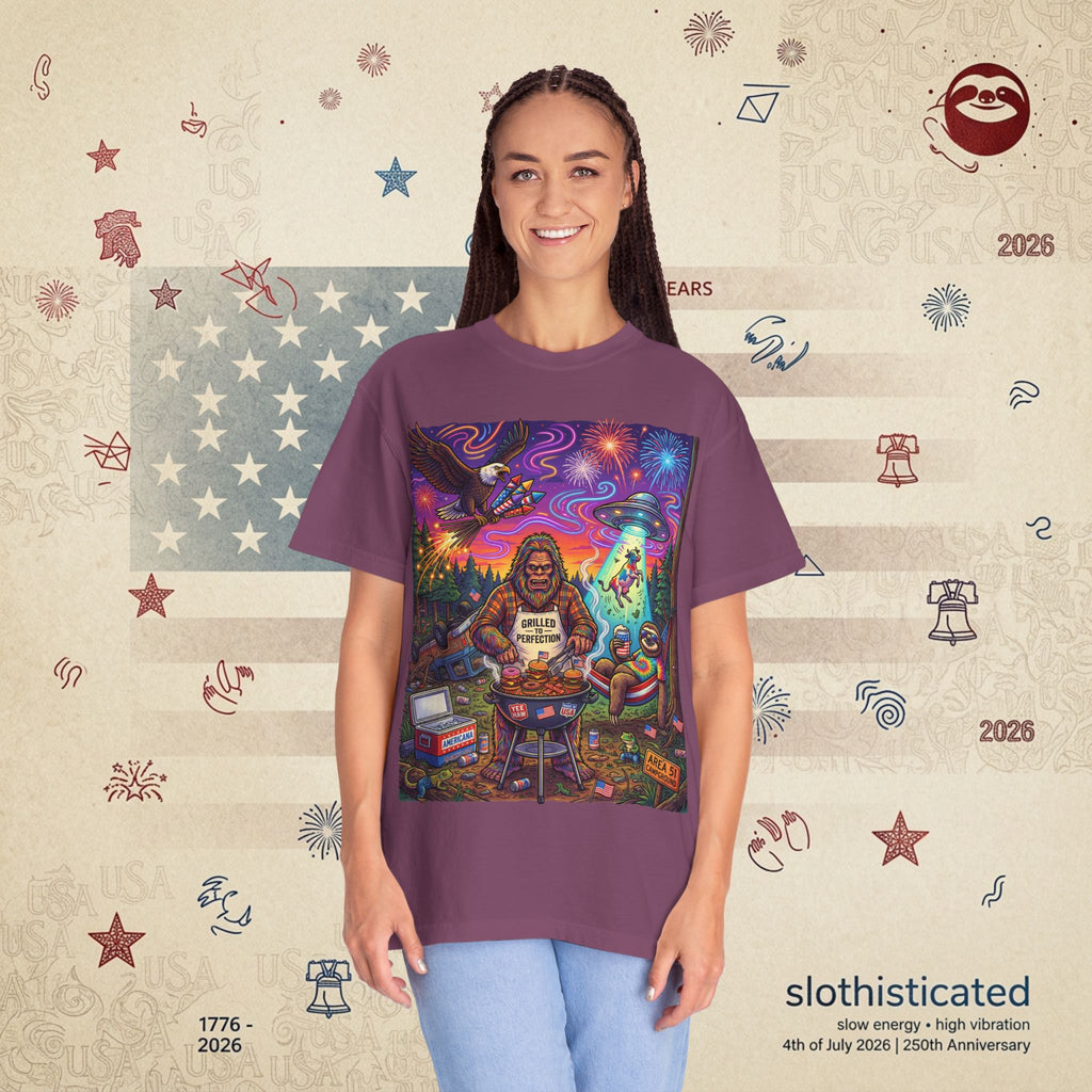 The Visitation — Psychedelic Sasquatch 4th of July BBQ UFO T-Shirt