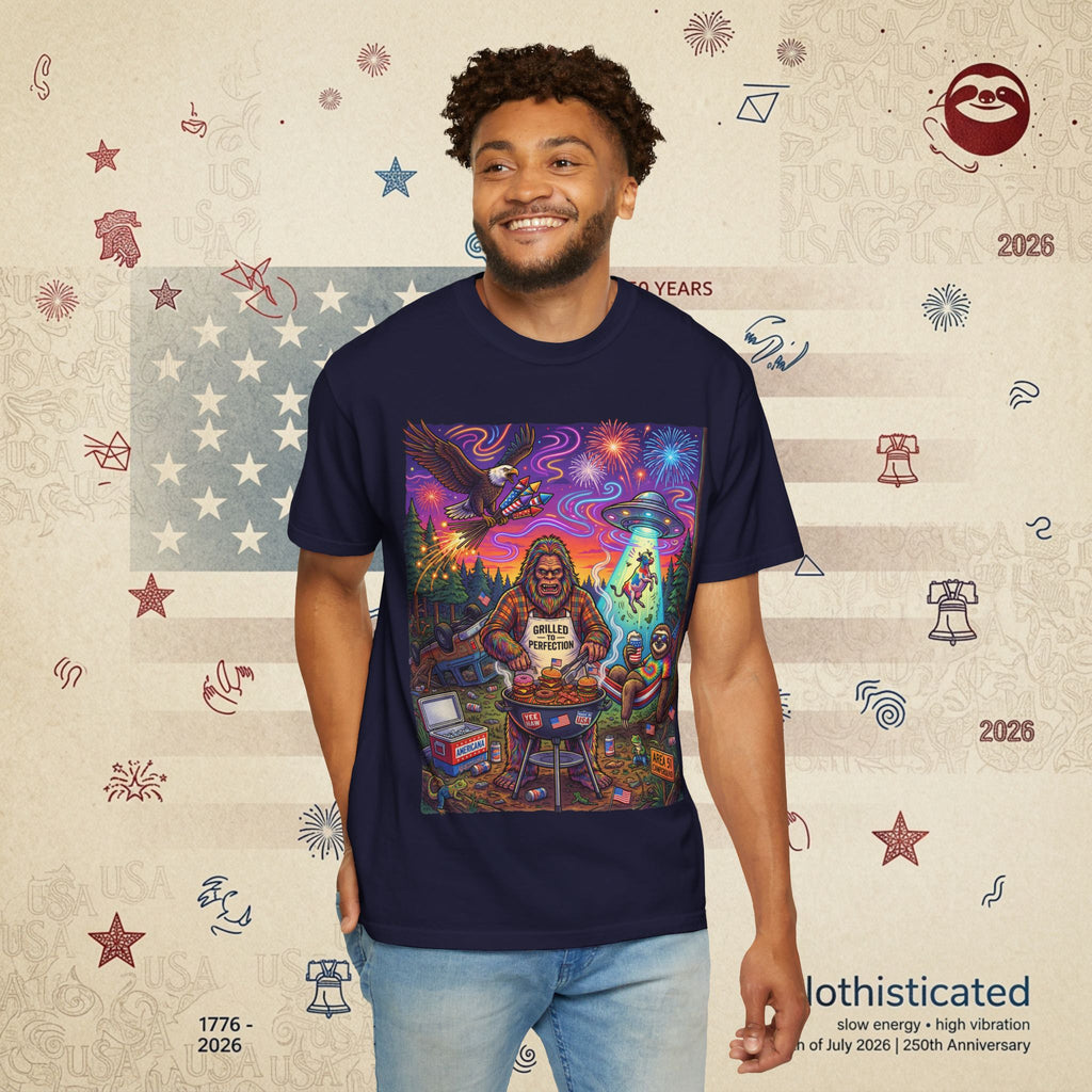 The Visitation — Psychedelic Sasquatch 4th of July BBQ UFO T-Shirt