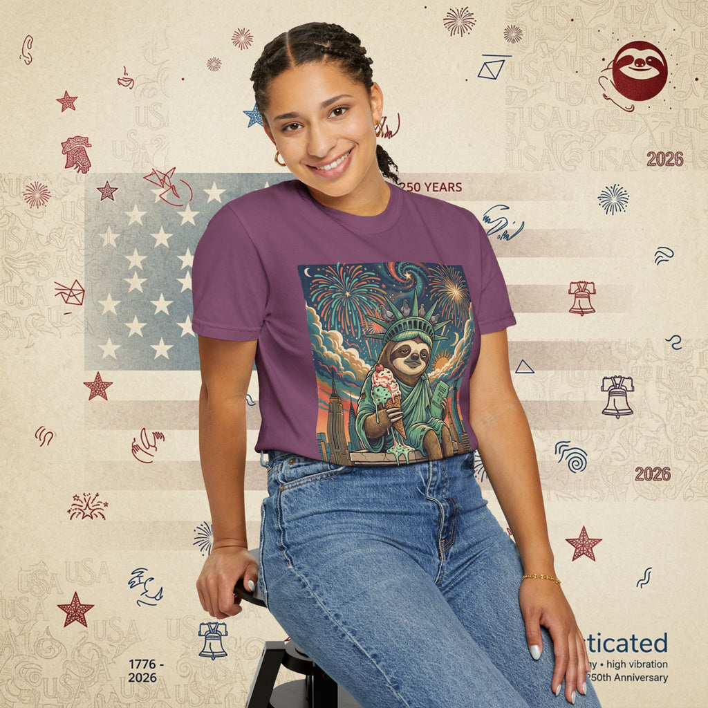 The Colossus — Liberty Sloth Statue Fireworks T-Shirt