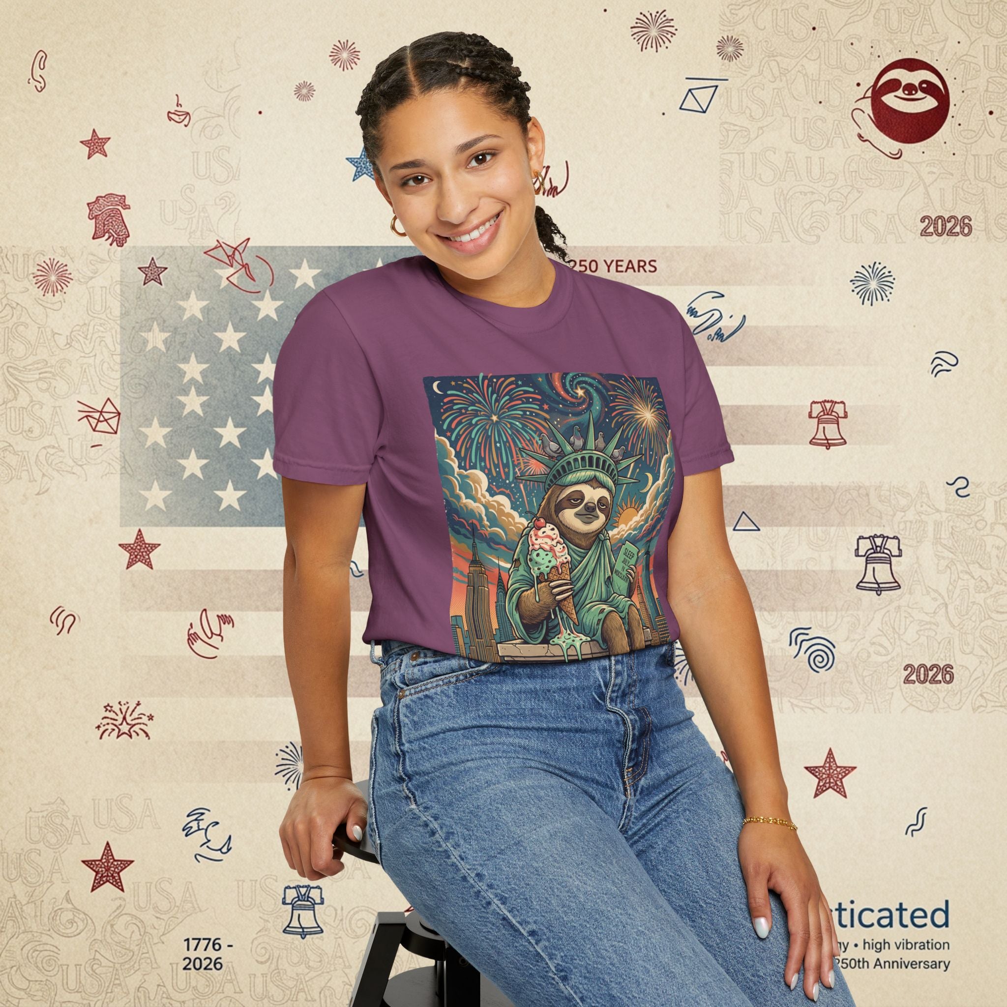 The Colossus — Liberty Sloth Statue Fireworks T-Shirt