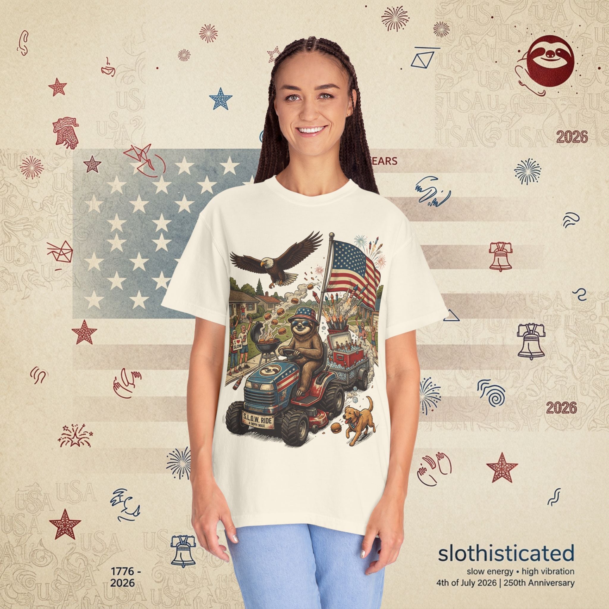 The Slow Ride — Sloth Riding Mower Americana T-Shirt
