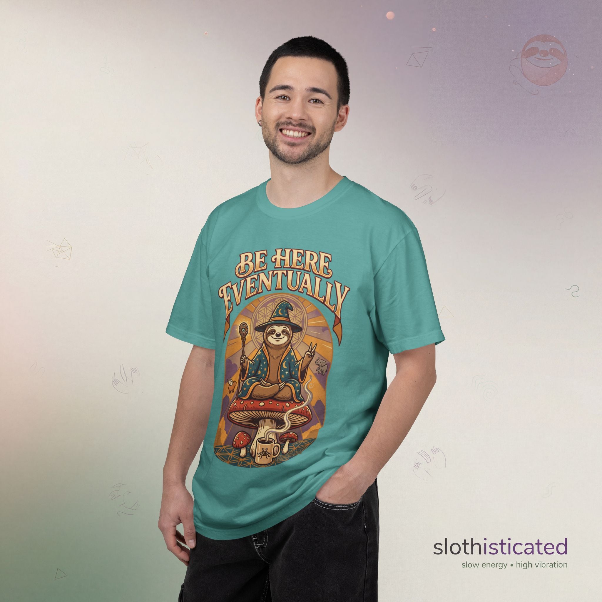 Be Here Eventually Sloth Graphic T-Shirt — Retro Meditation Tee