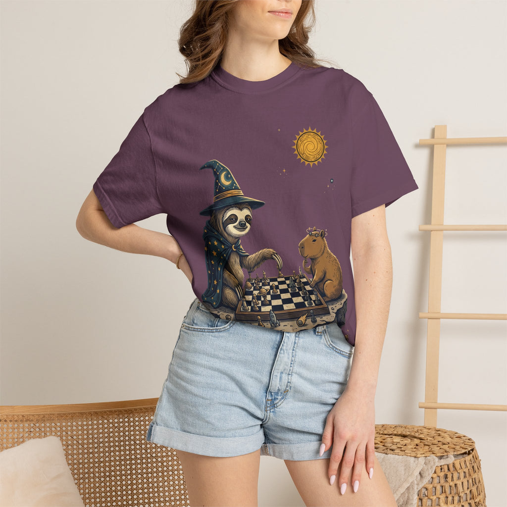 Wizard Sloth vs. Capybara Chess T-Shirt — Cute Fantasy Animal Game Tee