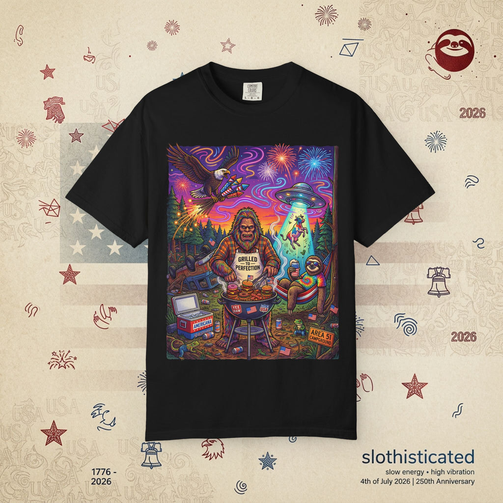 The Visitation — Psychedelic Sasquatch 4th of July BBQ UFO T-Shirt