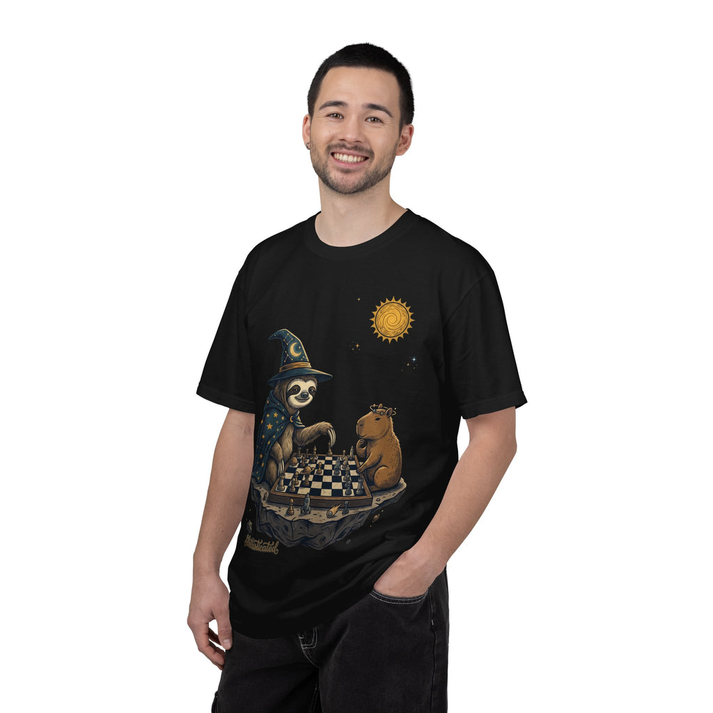 Wizard Sloth vs. Capybara Chess T-Shirt — Cute Fantasy Animal Game Tee