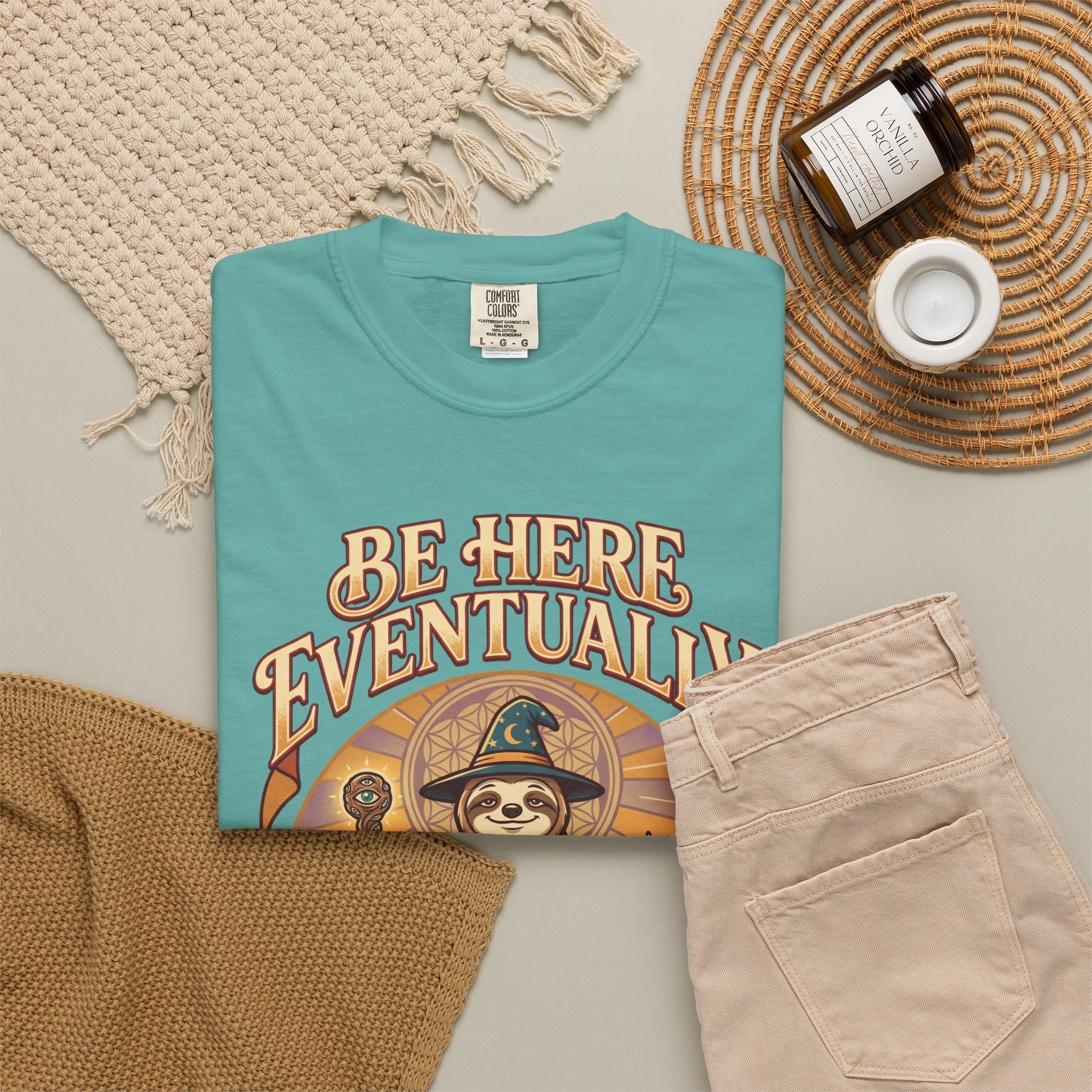 Be Here Eventually Sloth Graphic T-Shirt — Retro Meditation Tee