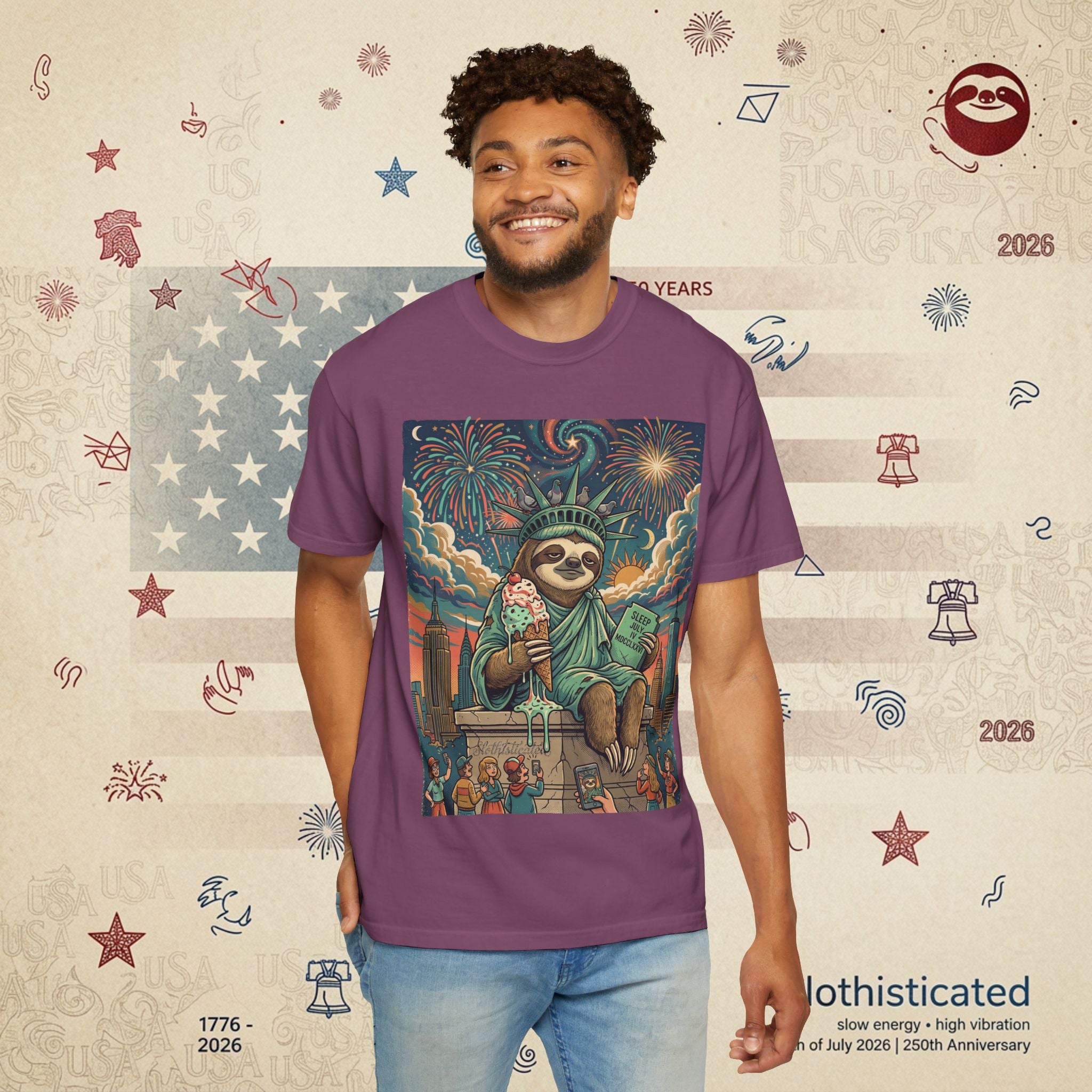 The Colossus — Liberty Sloth Statue Fireworks T-Shirt