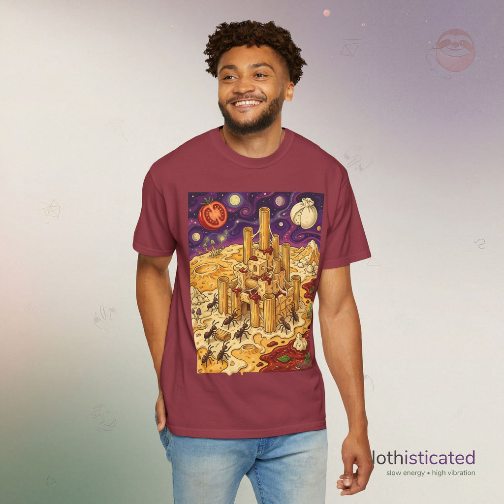 The Pasta Citadel — Funny Pasta Castle Tee · Surreal Foodie Art