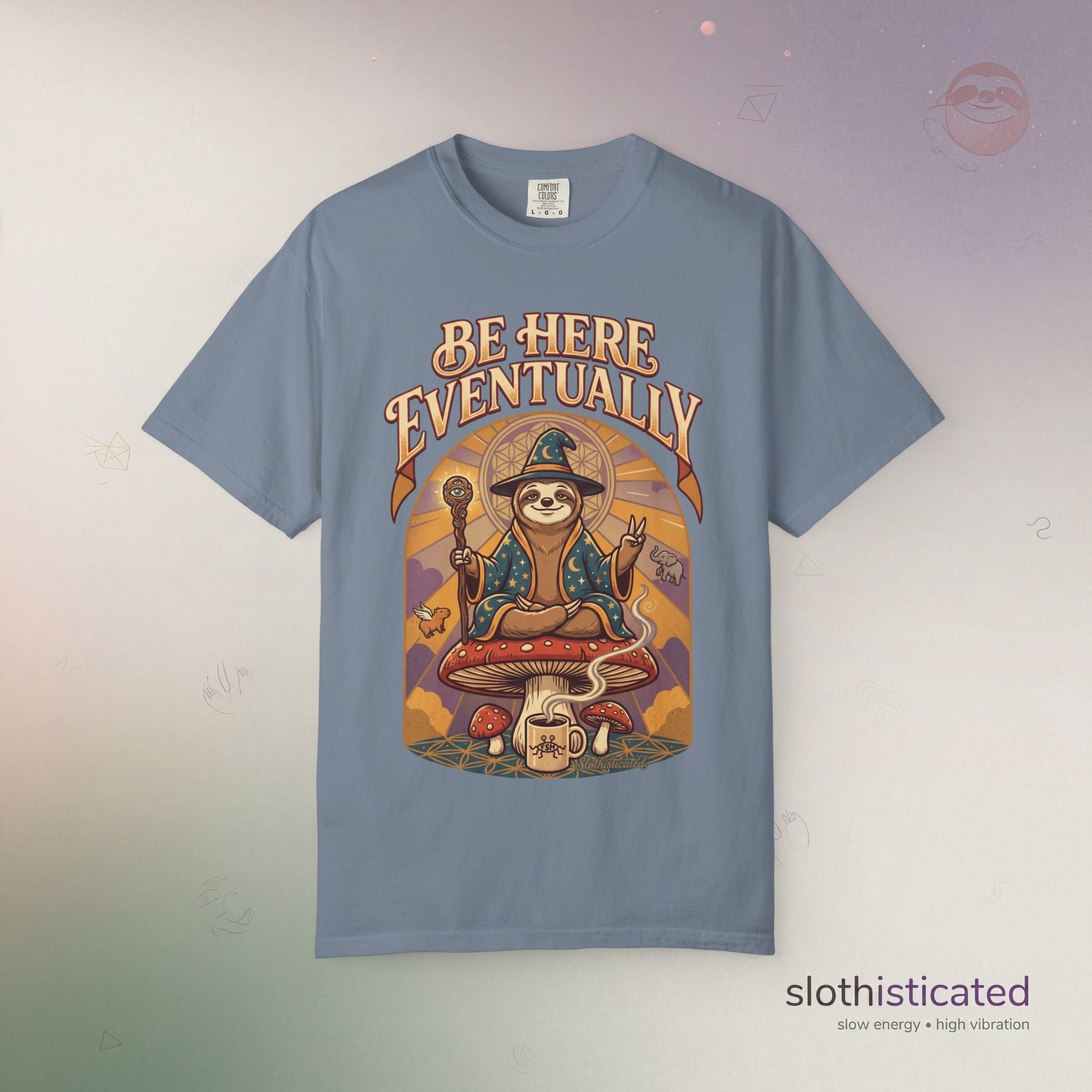 Be Here Eventually Sloth Graphic T-Shirt — Retro Meditation Tee