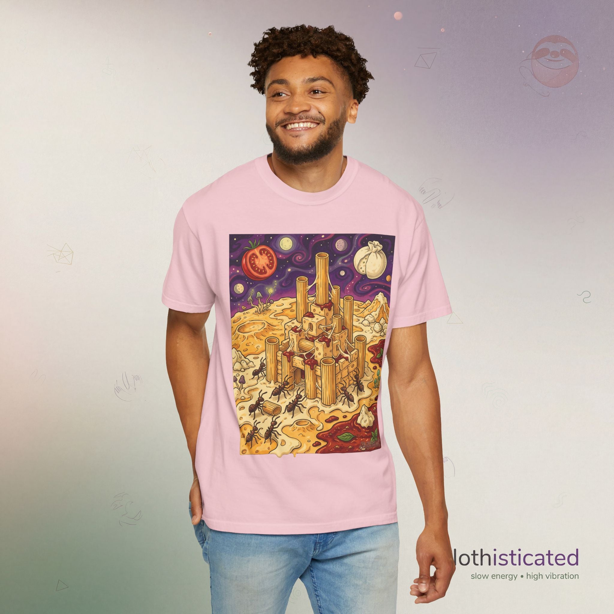 The Pasta Citadel — Funny Pasta Castle Tee · Surreal Foodie Art