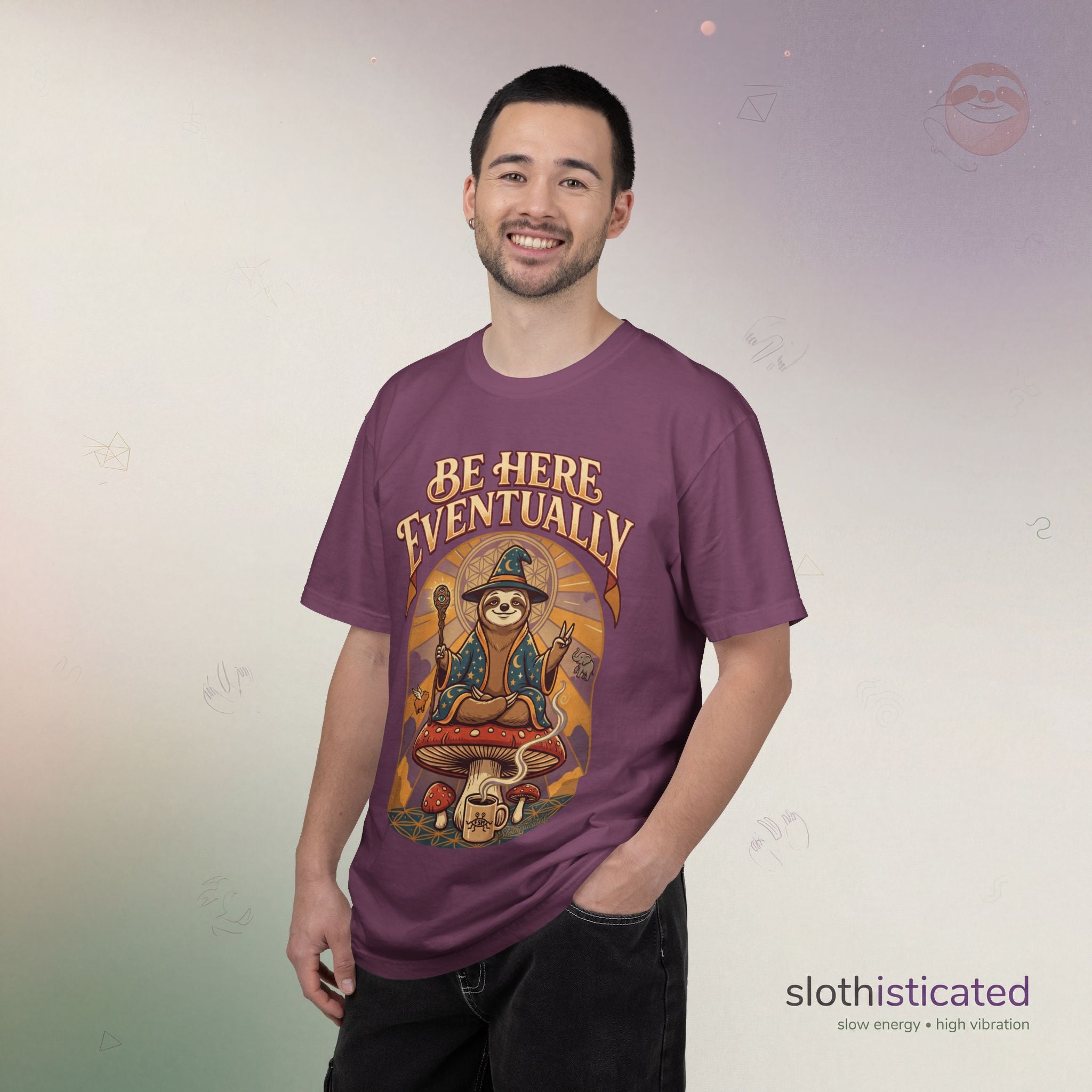 Be Here Eventually Sloth Graphic T-Shirt — Retro Meditation Tee