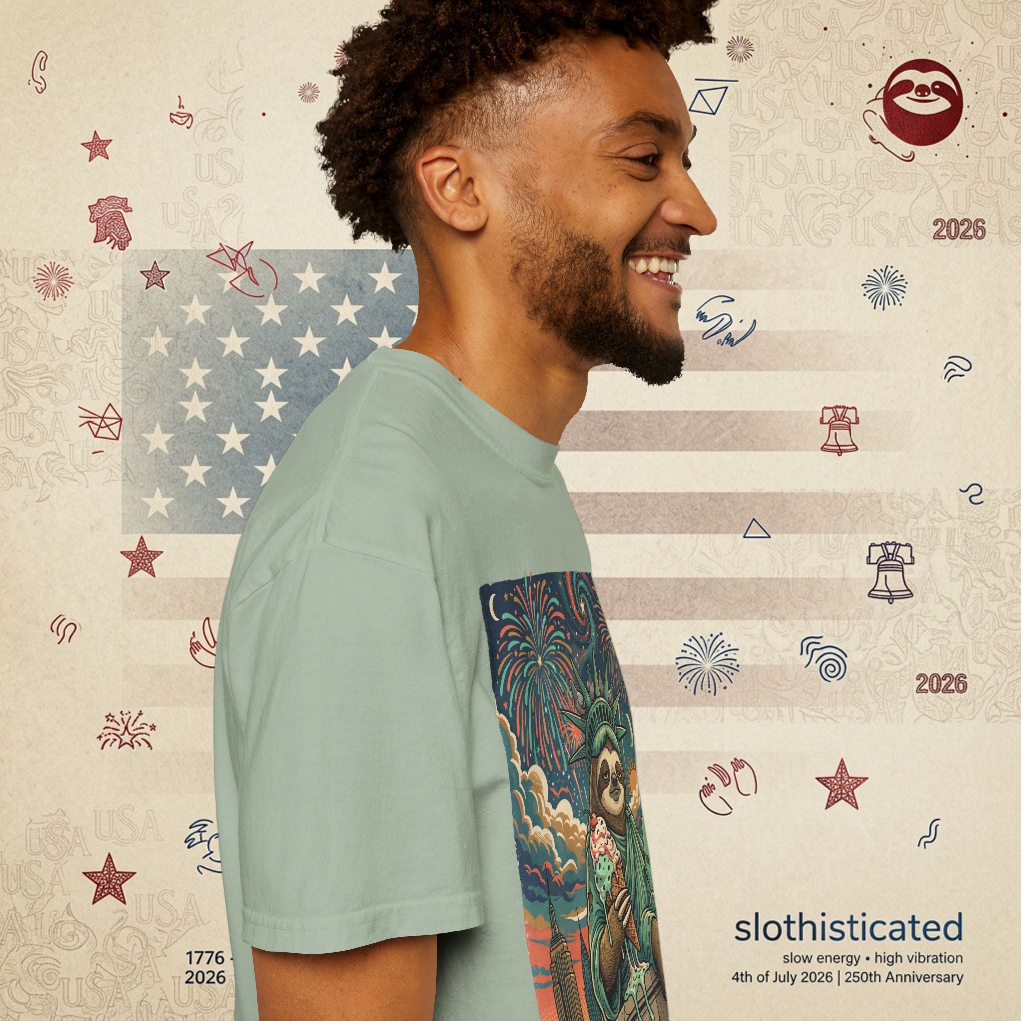The Colossus — Liberty Sloth Statue Fireworks T-Shirt