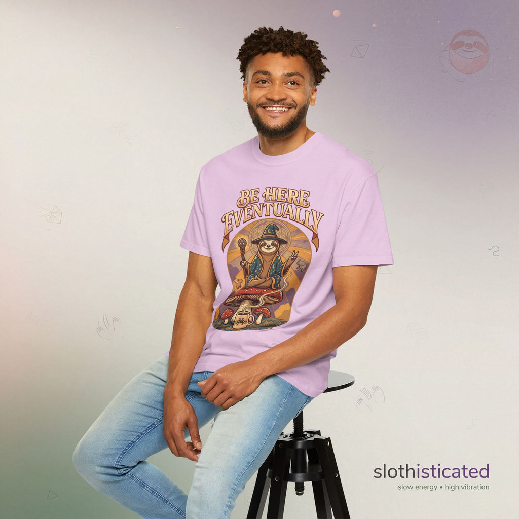 Be Here Eventually Sloth Graphic T-Shirt — Retro Meditation Tee
