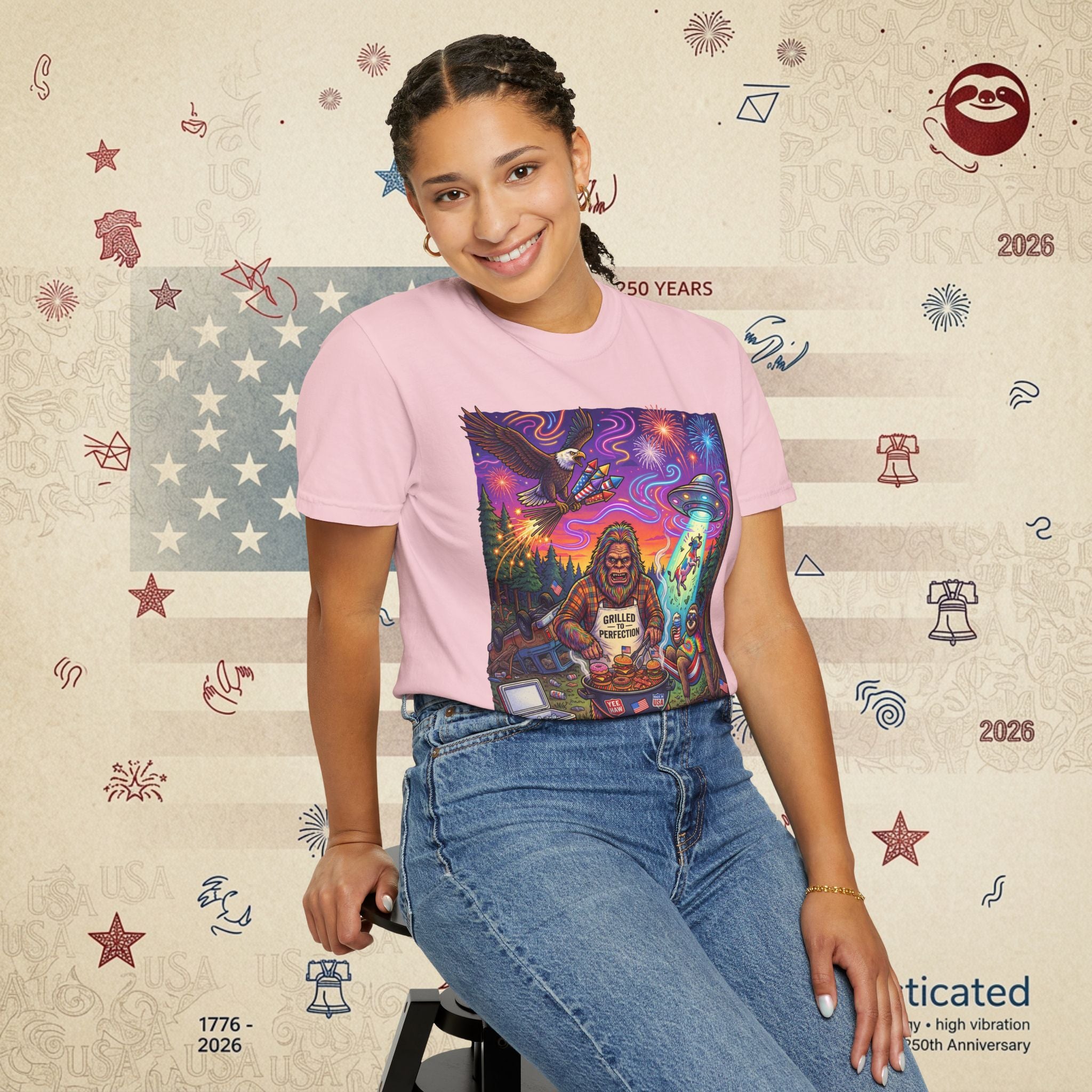 The Visitation — Psychedelic Sasquatch 4th of July BBQ UFO T-Shirt