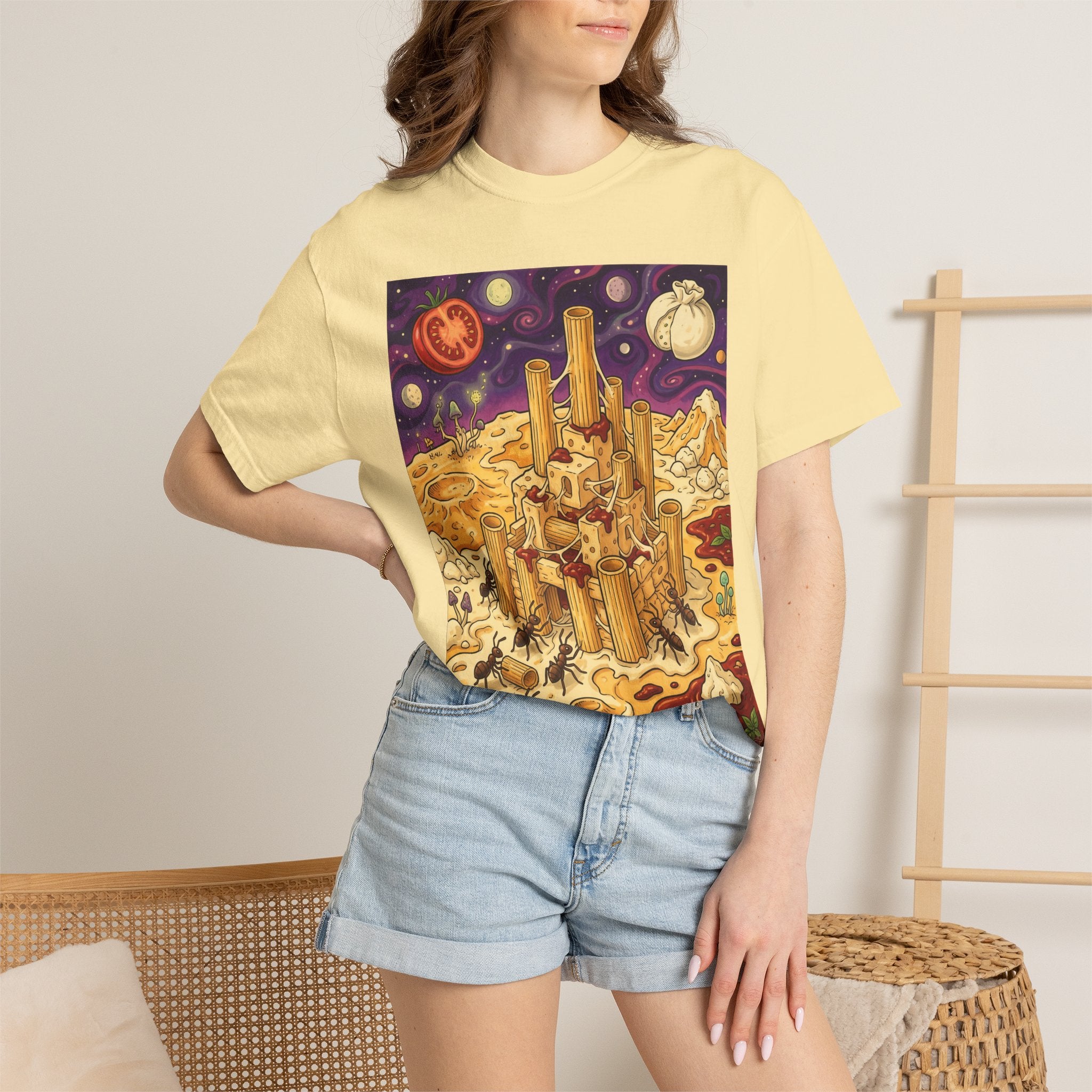 The Pasta Citadel — Funny Pasta Castle Tee · Surreal Foodie Art