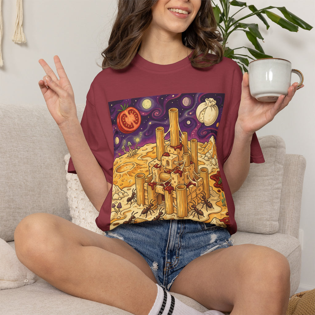 The Pasta Citadel — Funny Pasta Castle Tee · Surreal Foodie Art