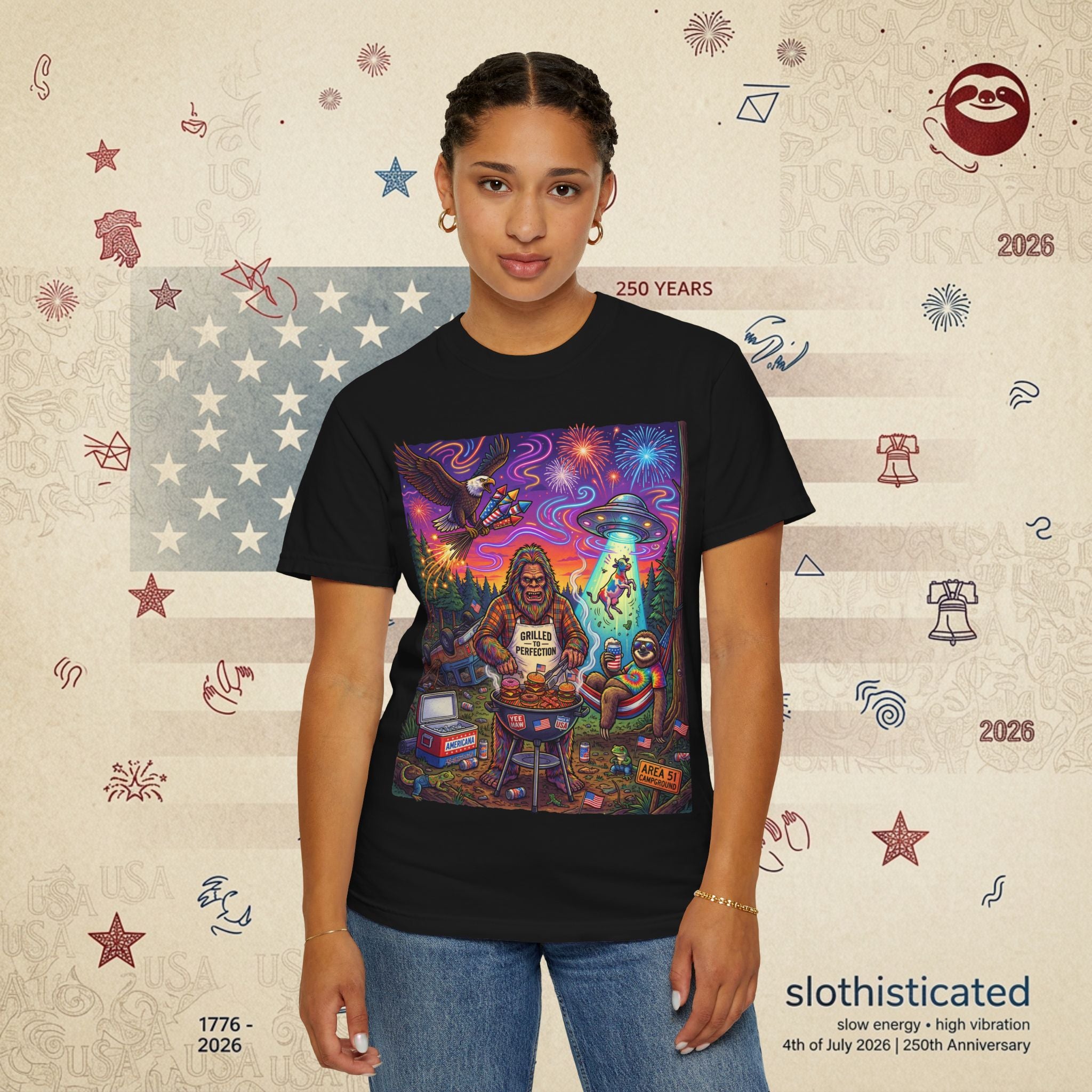 The Visitation — Psychedelic Sasquatch 4th of July BBQ UFO T-Shirt