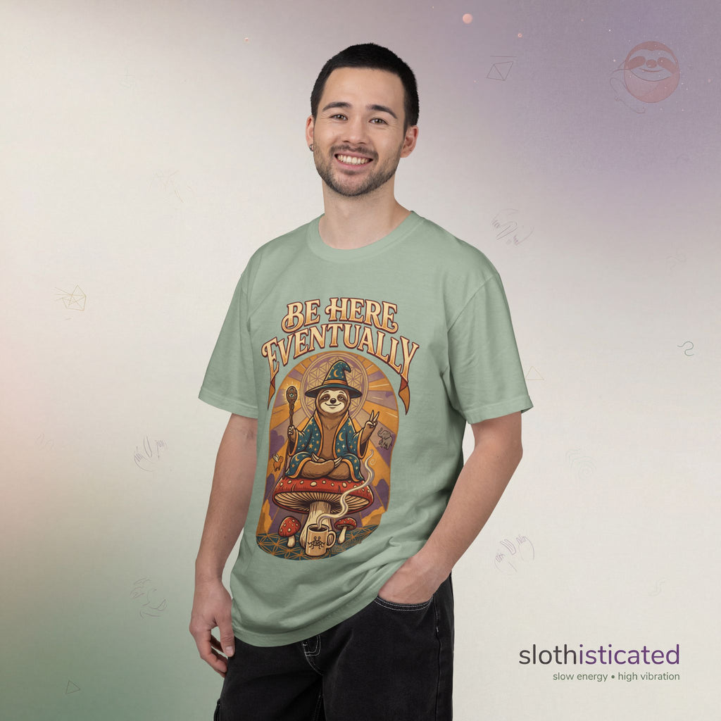 Be Here Eventually Sloth Graphic T-Shirt — Retro Meditation Tee