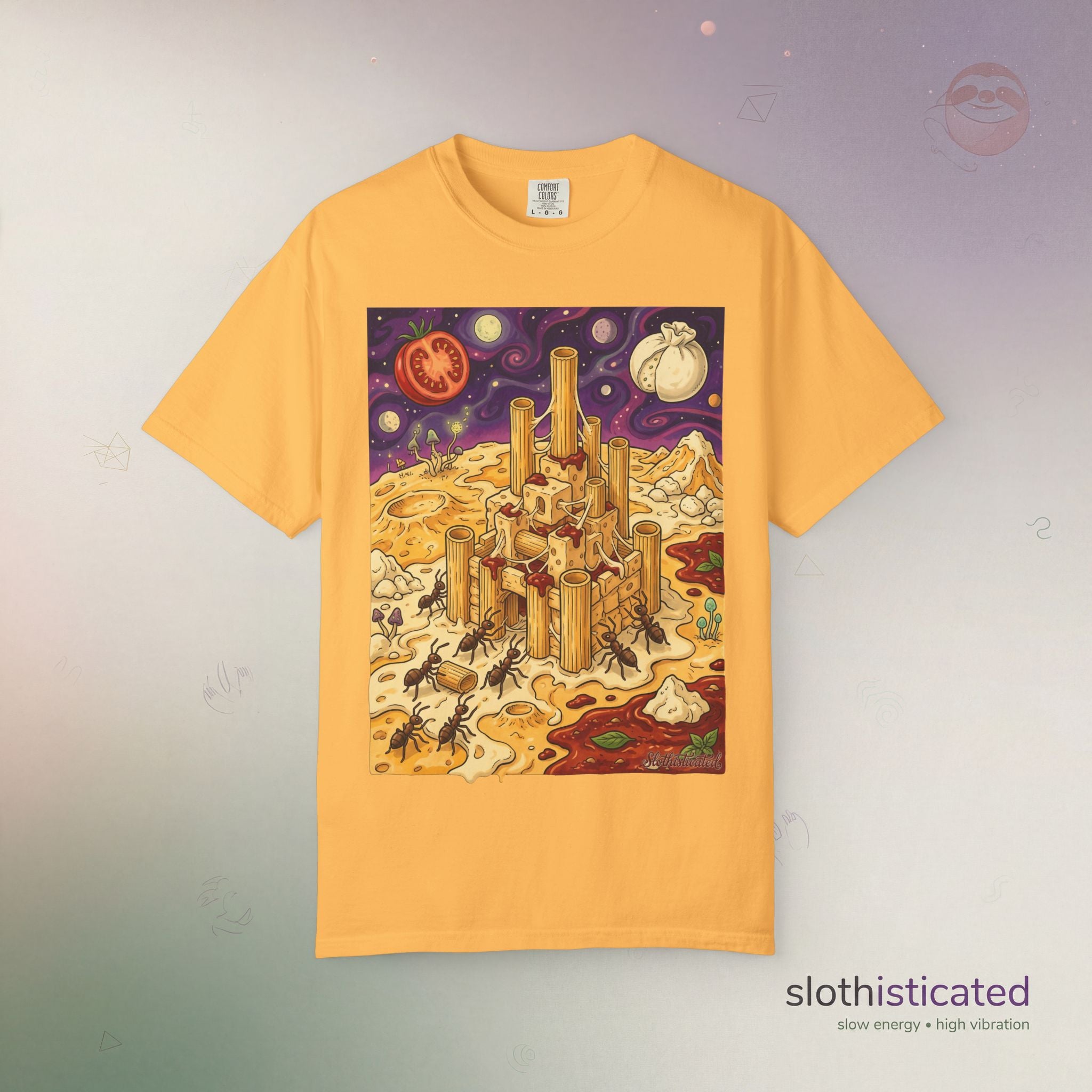 The Pasta Citadel — Funny Pasta Castle Tee · Surreal Foodie Art