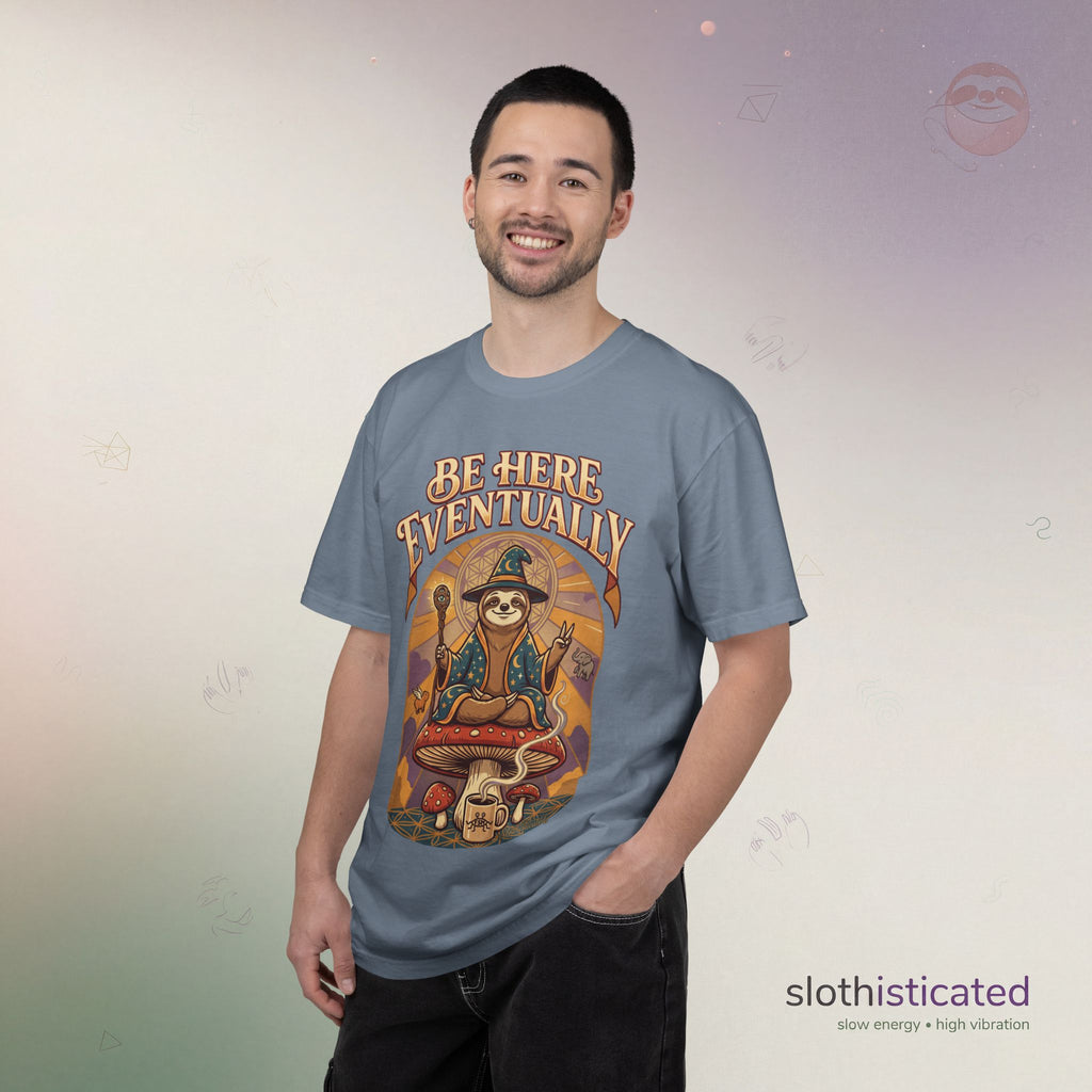 Be Here Eventually Sloth Graphic T-Shirt — Retro Meditation Tee