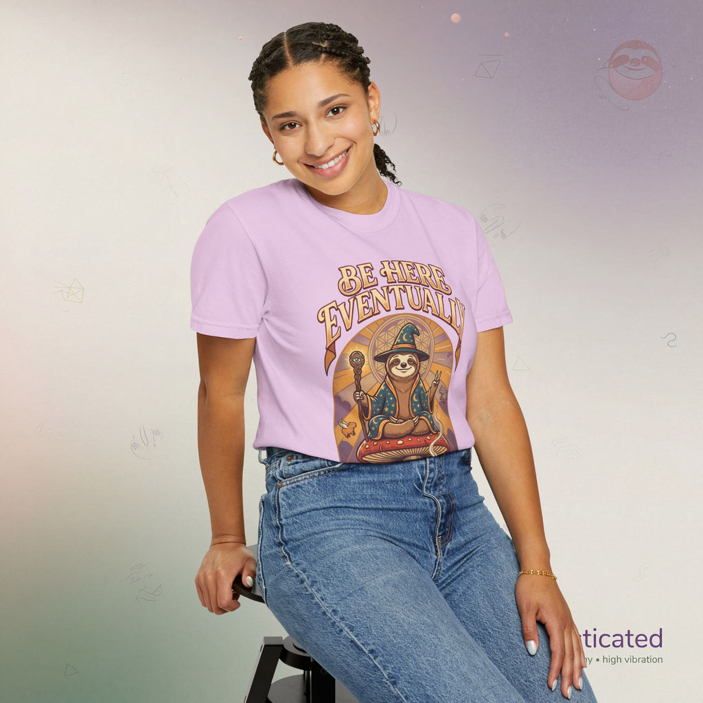 Be Here Eventually Sloth Graphic T-Shirt — Retro Meditation Tee