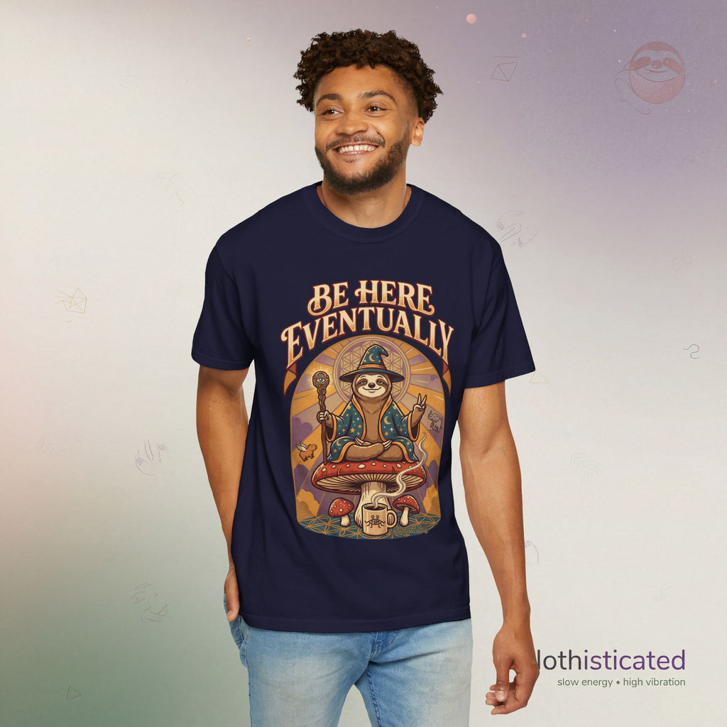 Be Here Eventually Sloth Graphic T-Shirt — Retro Meditation Tee