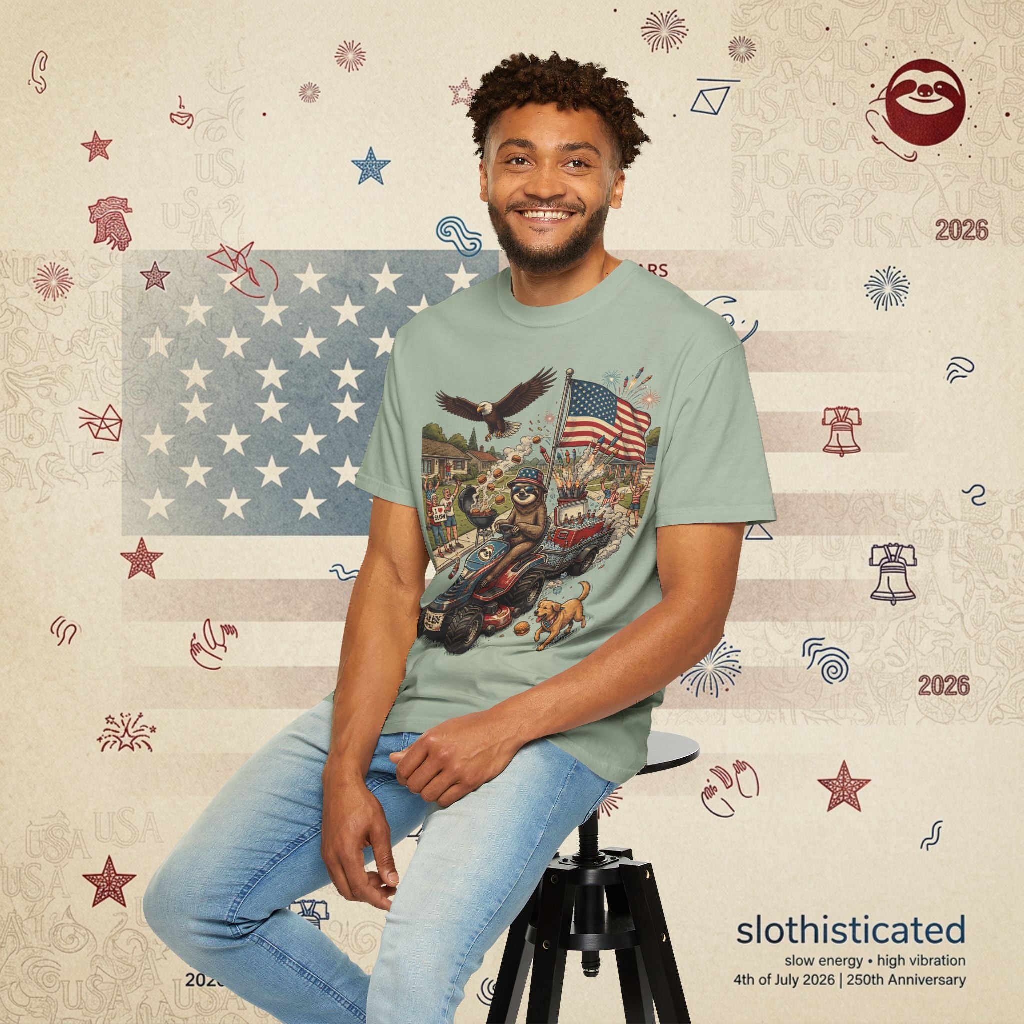 The Slow Ride — Sloth Riding Mower Americana T-Shirt