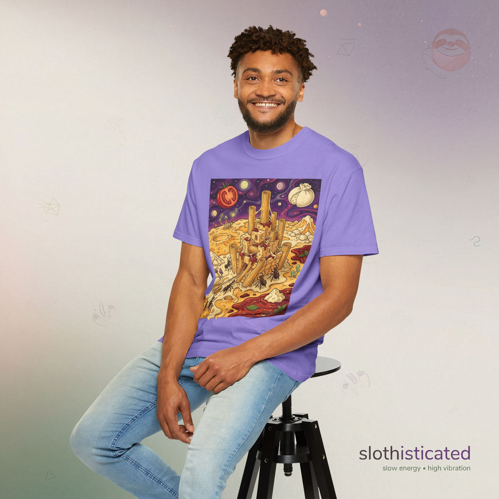 The Pasta Citadel — Funny Pasta Castle Tee · Surreal Foodie Art