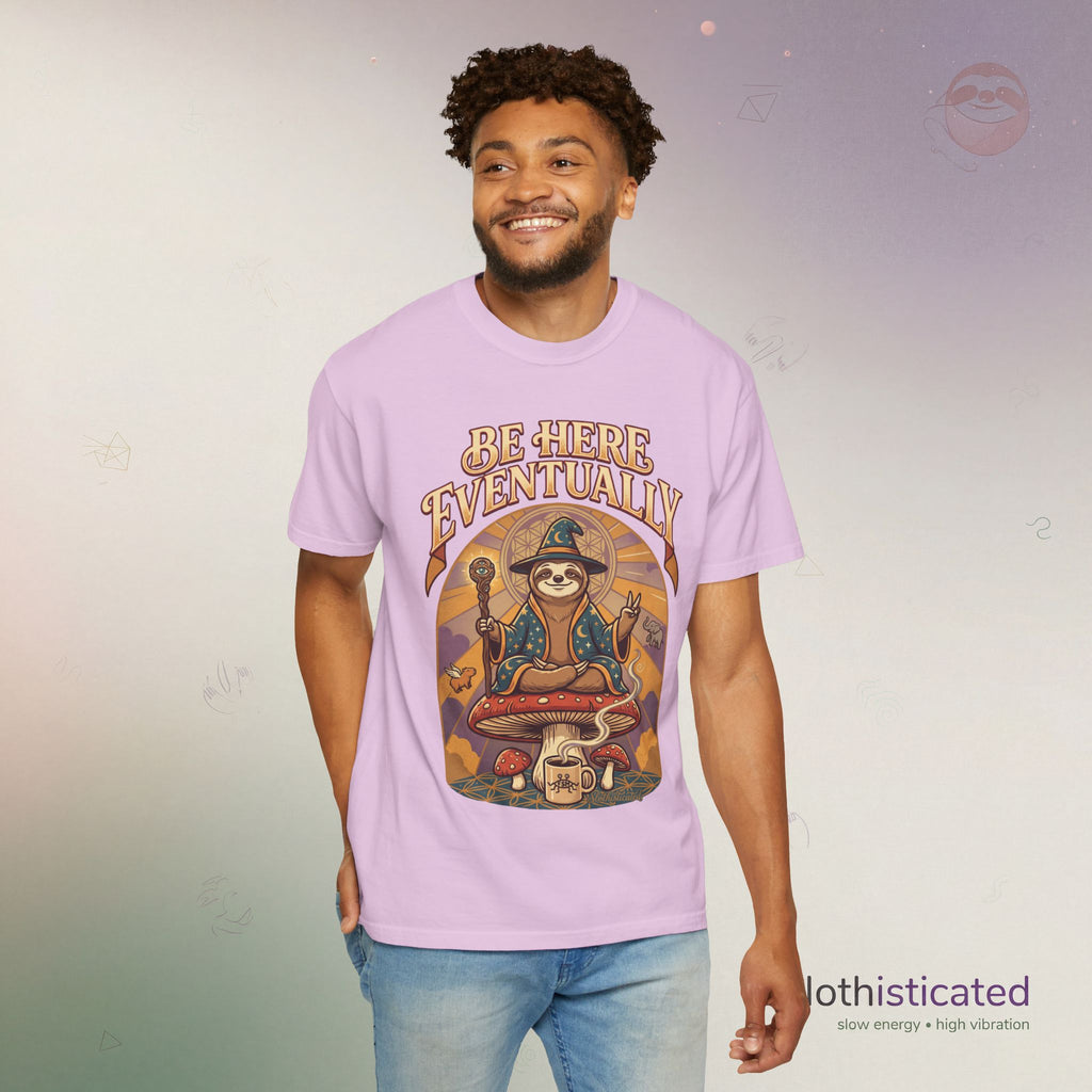 Be Here Eventually Sloth Graphic T-Shirt — Retro Meditation Tee