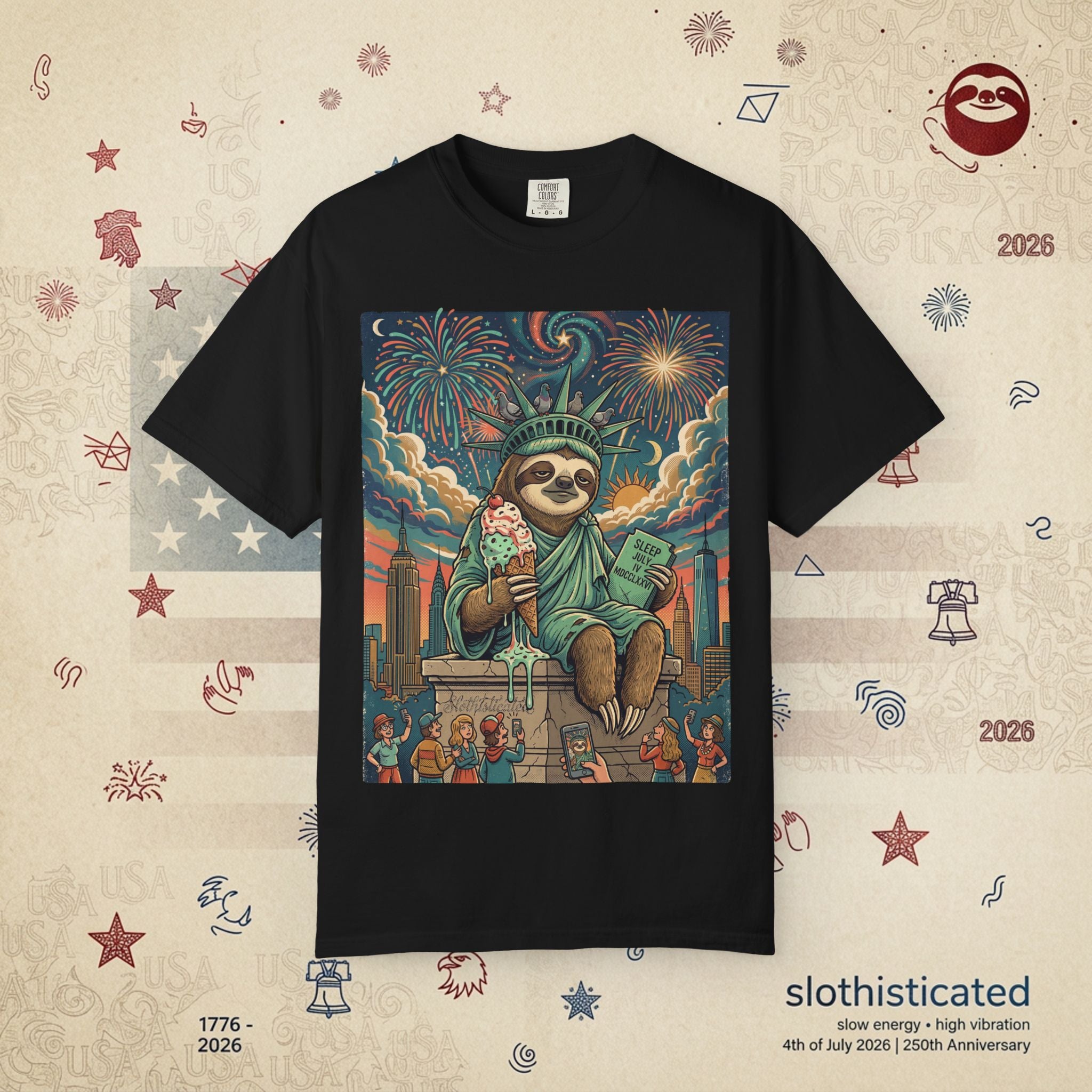 The Colossus — Liberty Sloth Statue Fireworks T-Shirt