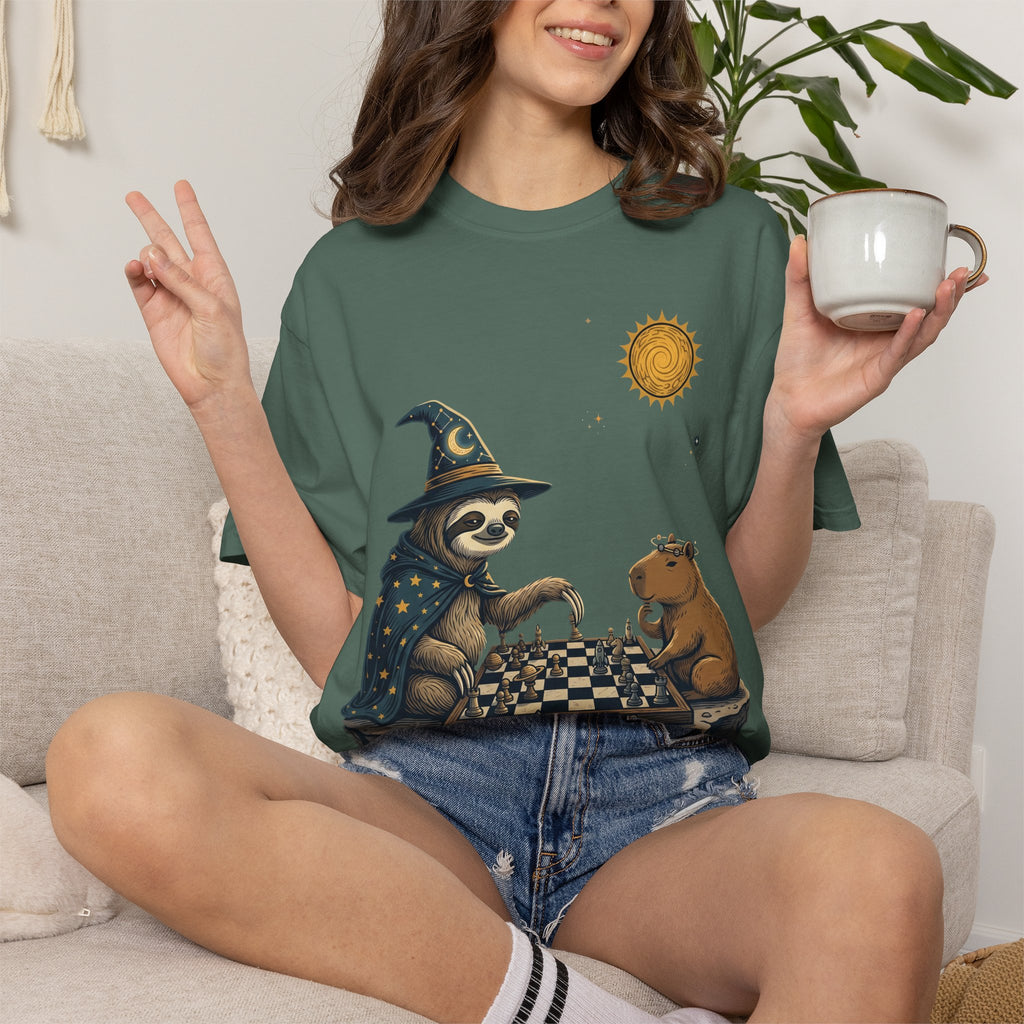 Wizard Sloth vs. Capybara Chess T-Shirt — Cute Fantasy Animal Game Tee
