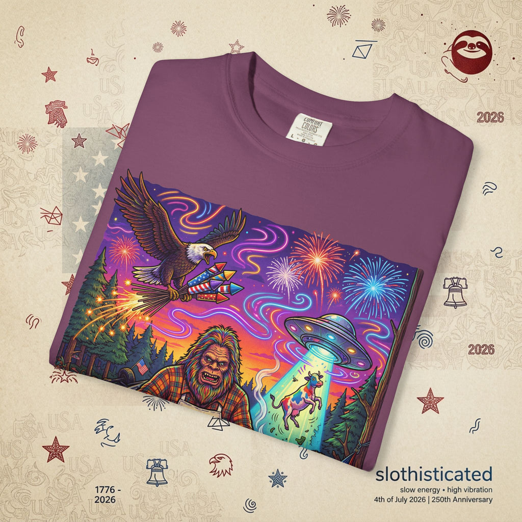 The Visitation — Psychedelic Sasquatch 4th of July BBQ UFO T-Shirt