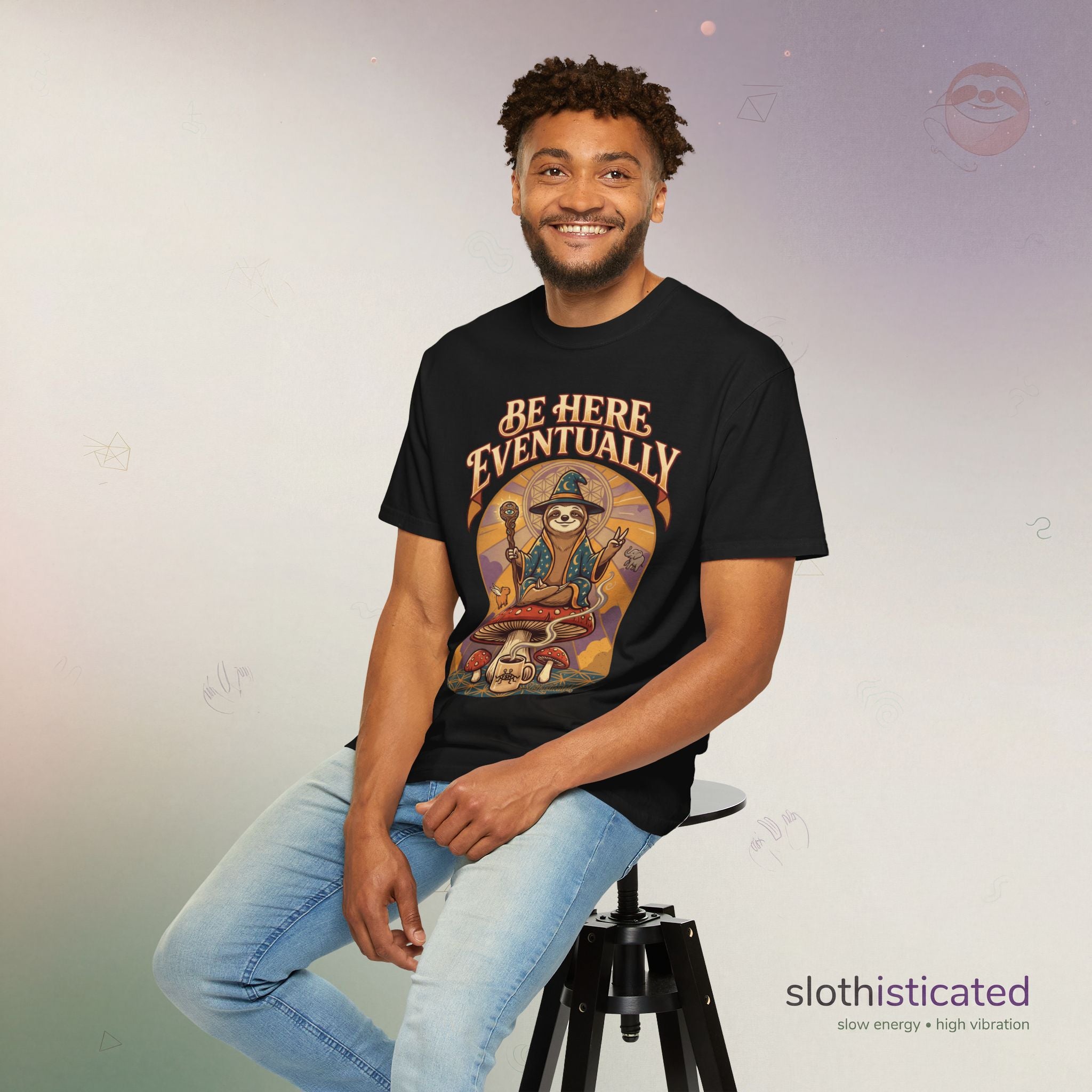 Be Here Eventually Sloth Graphic T-Shirt — Retro Meditation Tee
