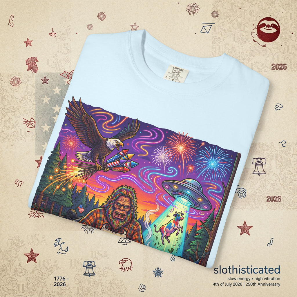 The Visitation — Psychedelic Sasquatch 4th of July BBQ UFO T-Shirt