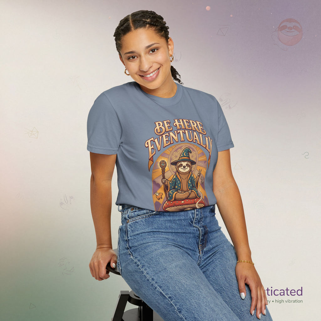 Be Here Eventually Sloth Graphic T-Shirt — Retro Meditation Tee