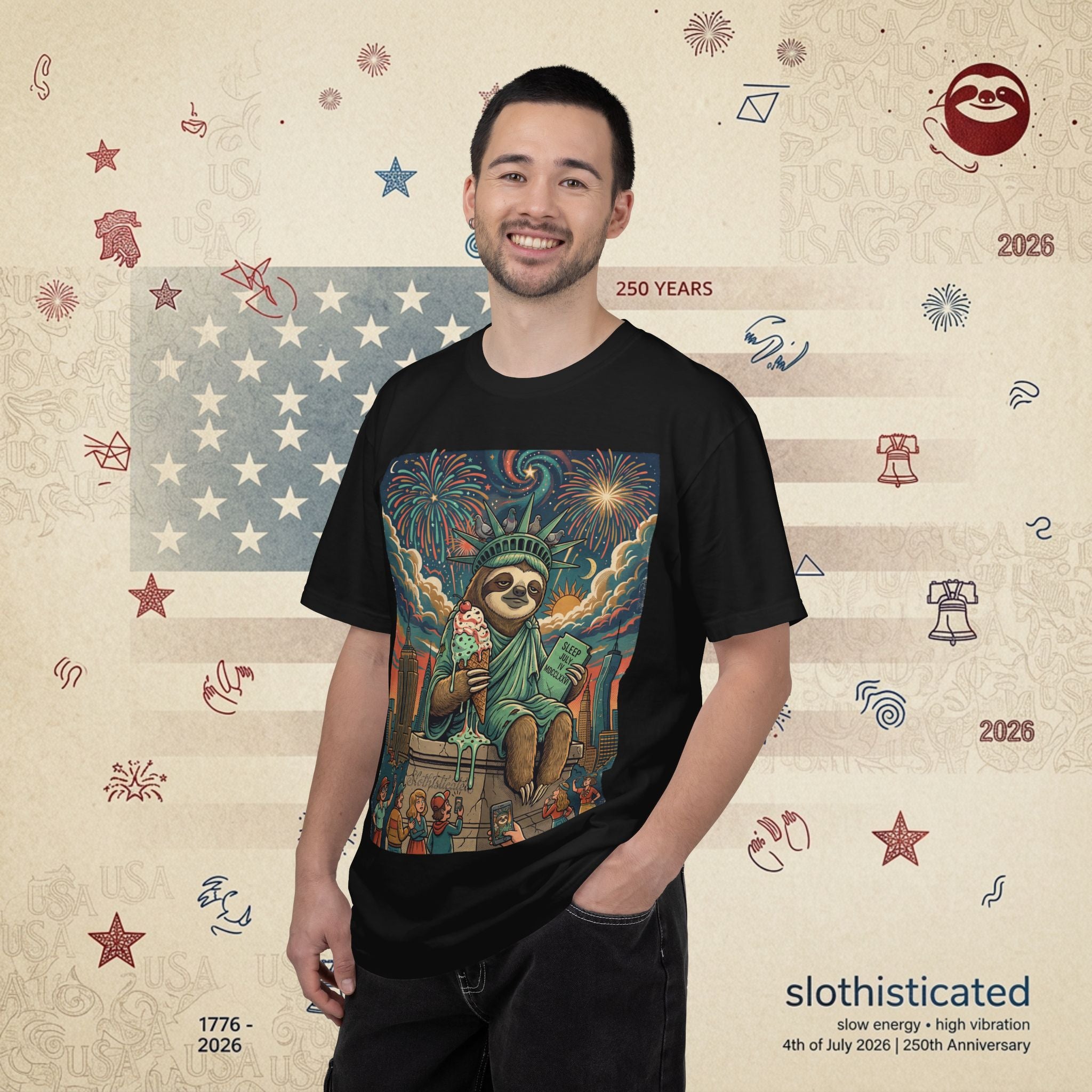 The Colossus — Liberty Sloth Statue Fireworks T-Shirt