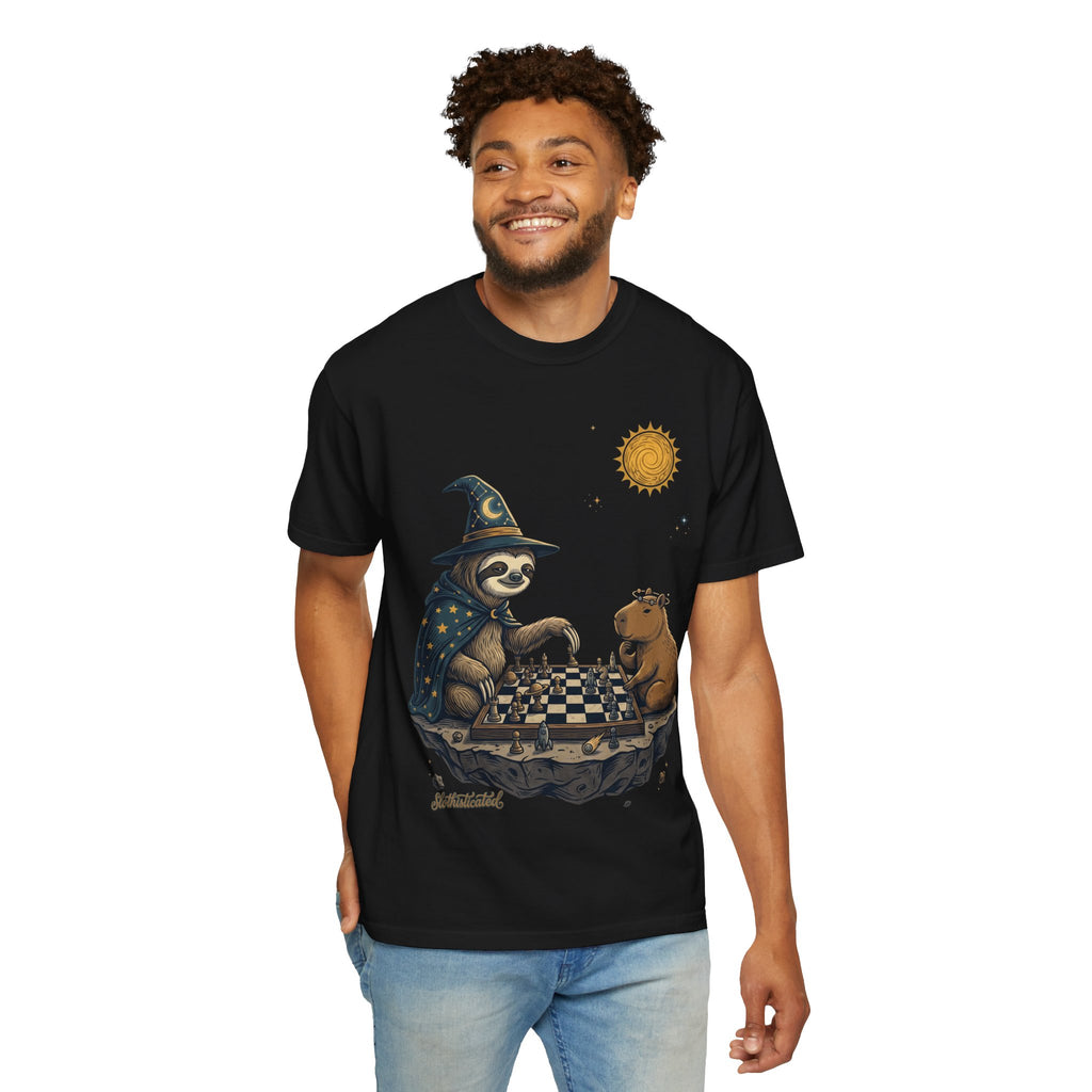 Wizard Sloth vs. Capybara Chess T-Shirt — Cute Fantasy Animal Game Tee