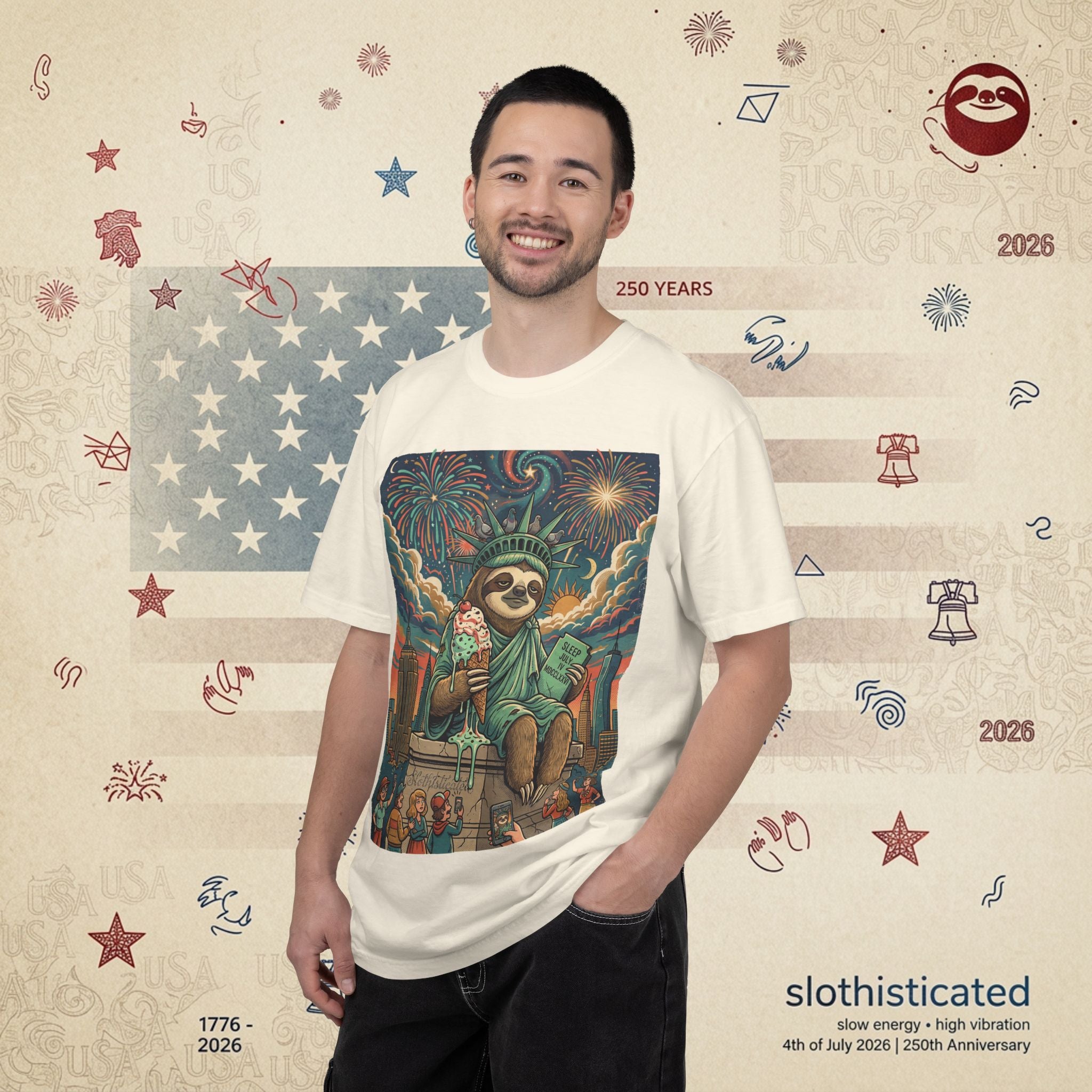 The Colossus — Liberty Sloth Statue Fireworks T-Shirt