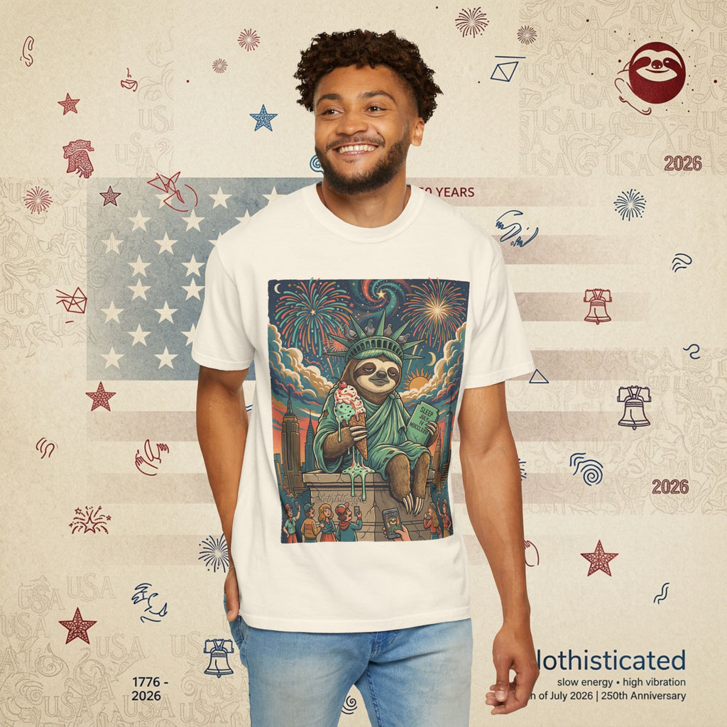 The Colossus — Liberty Sloth Statue Fireworks T-Shirt