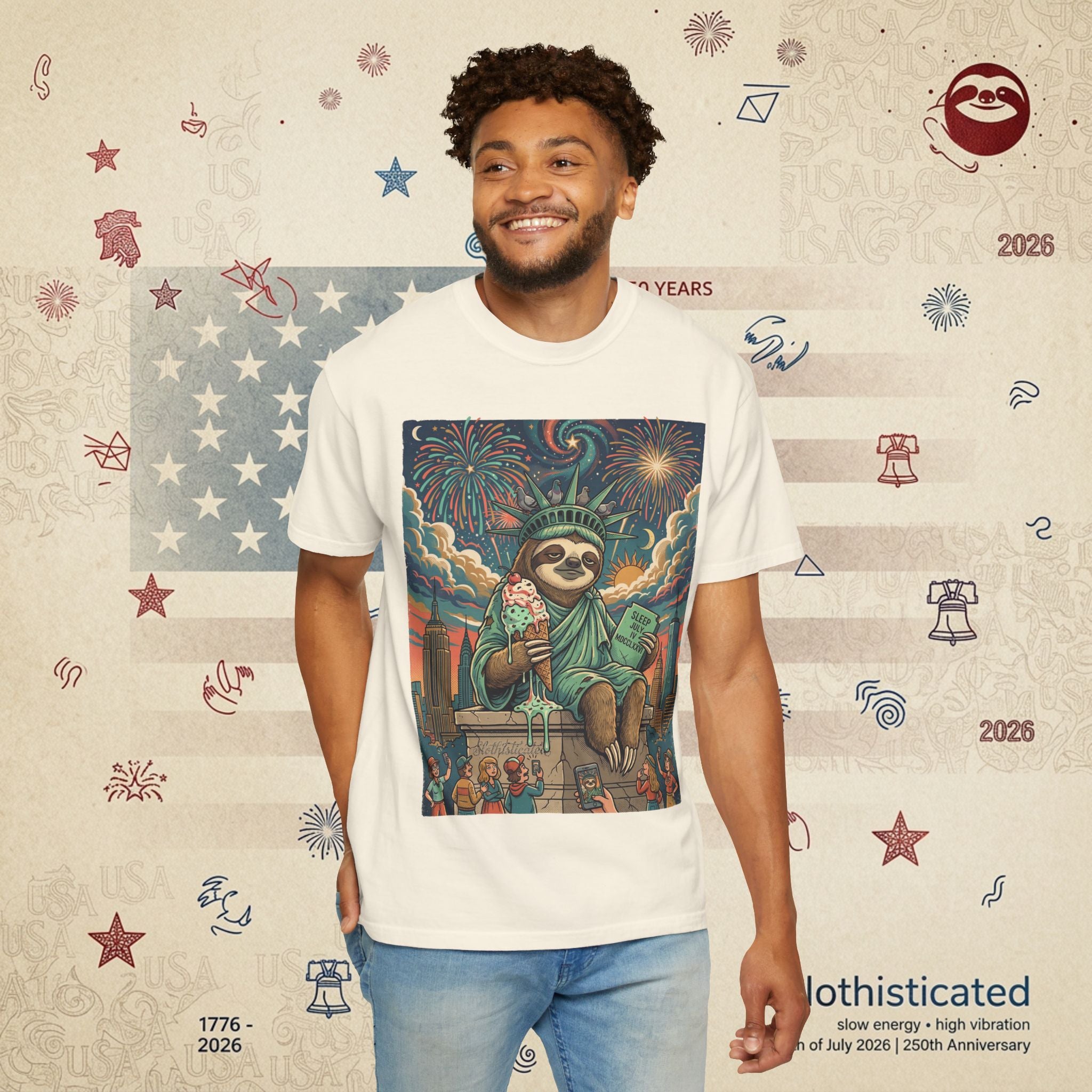 The Colossus — Liberty Sloth Statue Fireworks T-Shirt